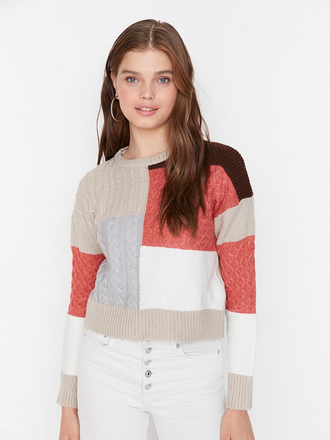 

Trendyol Women Beige & Red Colourblocked Pullover Acrylic Sweater