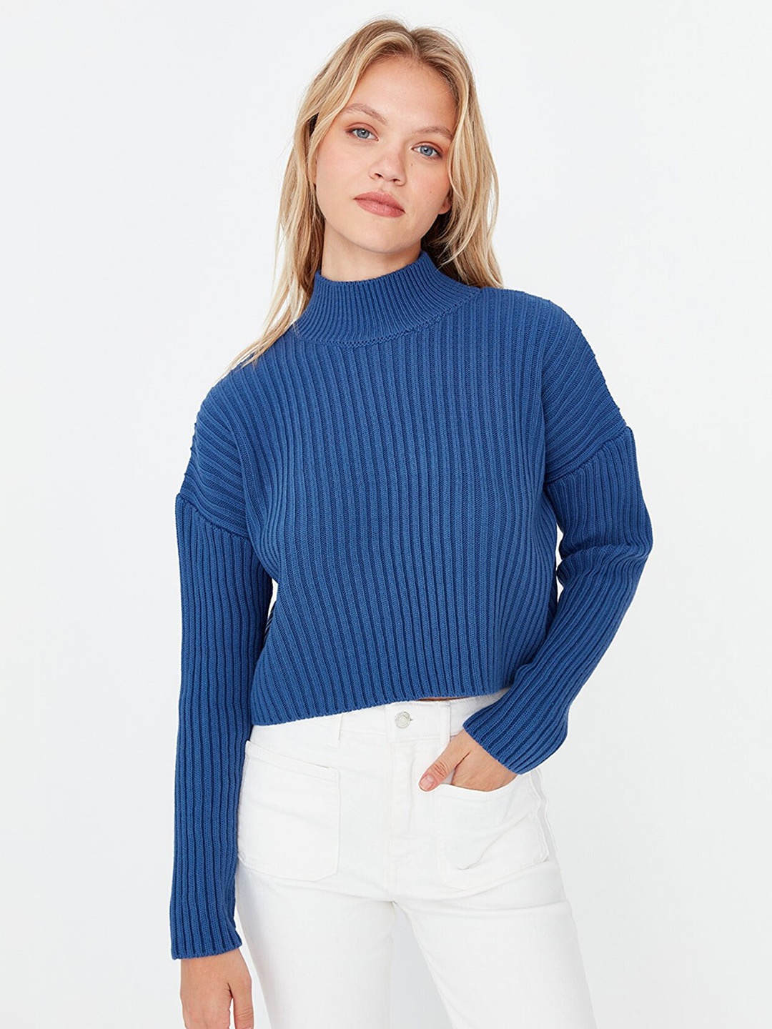 

Trendyol Women Blue Ribbed Crop Pullover Acrylic Sweater