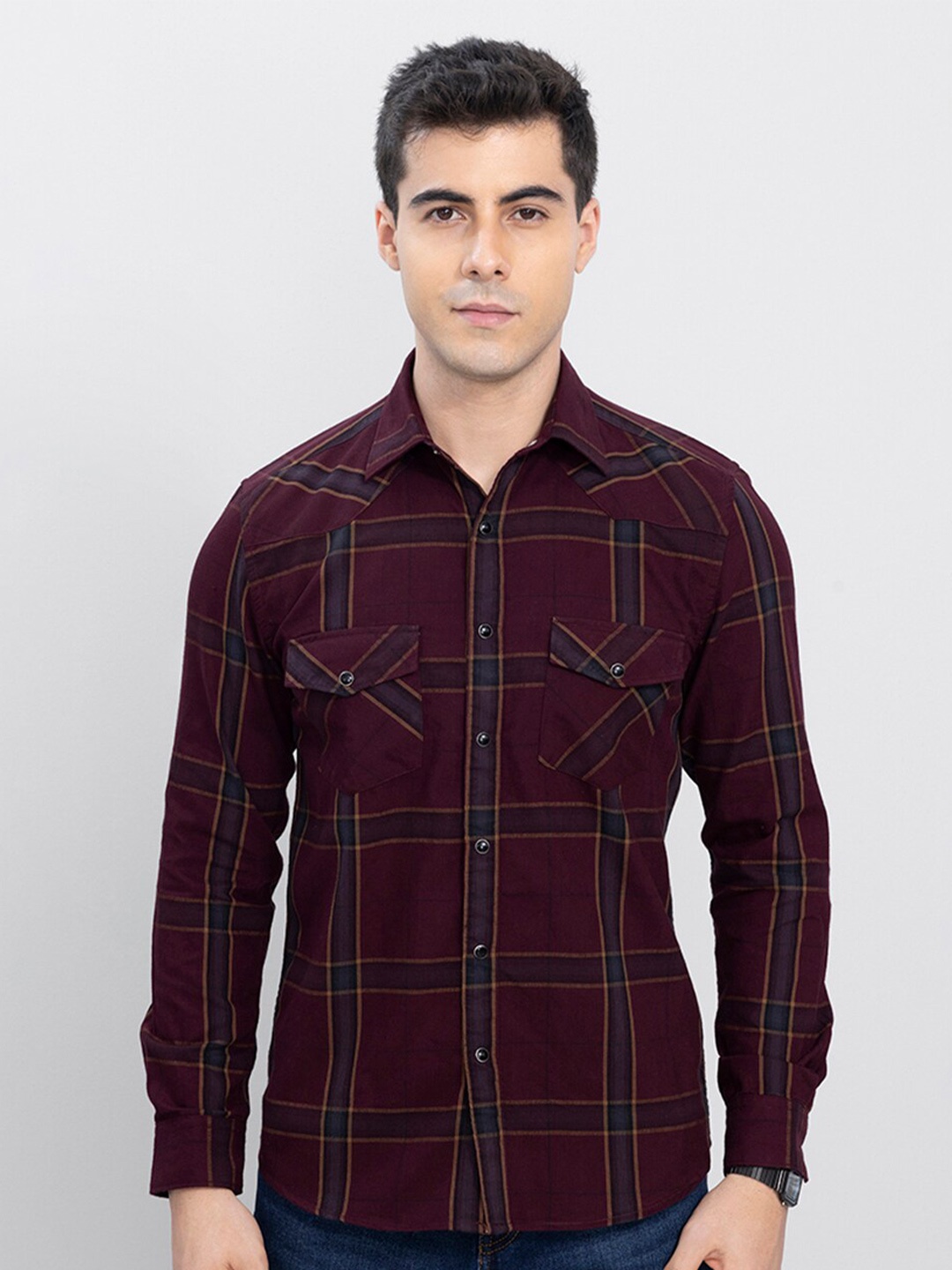 

Snitch Men Slim Fit Tartan Checks Cotton Casual Shirt, Maroon