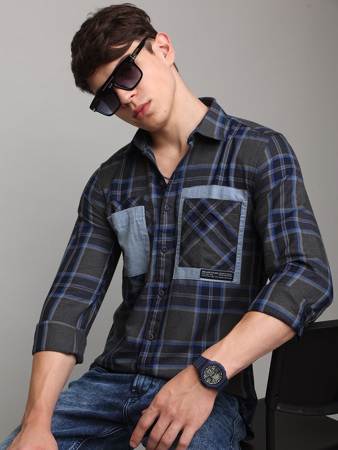 

Snitch Men Grey Slim Fit Tartan Checked Cotton Casual Shirt