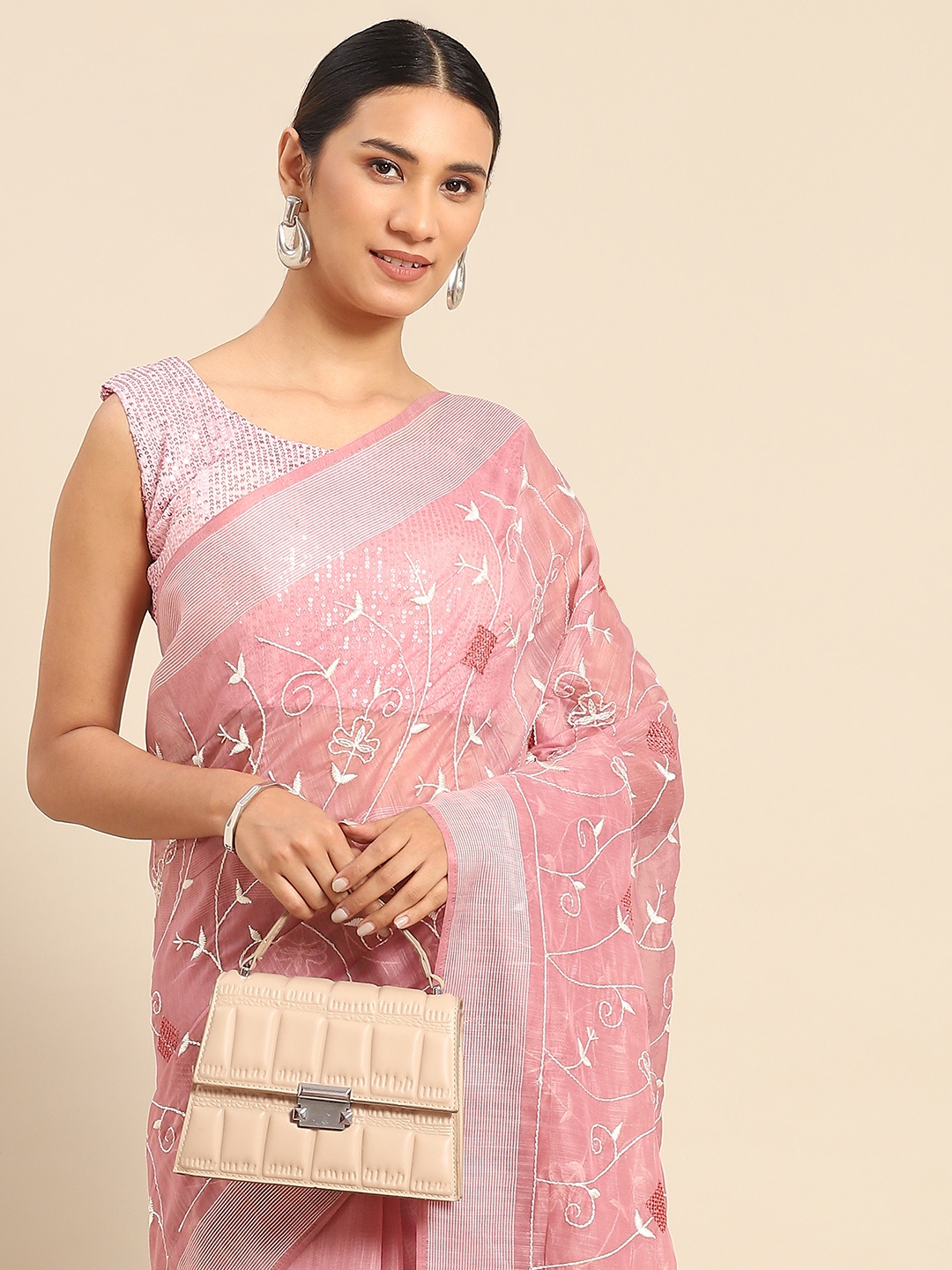 

Chhabra 555 Pink & Rose Floral Embroidered Silk Cotton Chanderi Saree