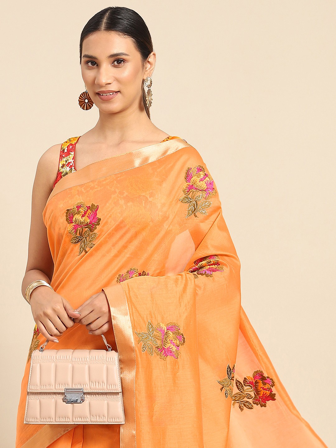 

Chhabra 555 Orange & Mustard Floral Embroidered Silk Blend Tussar Saree