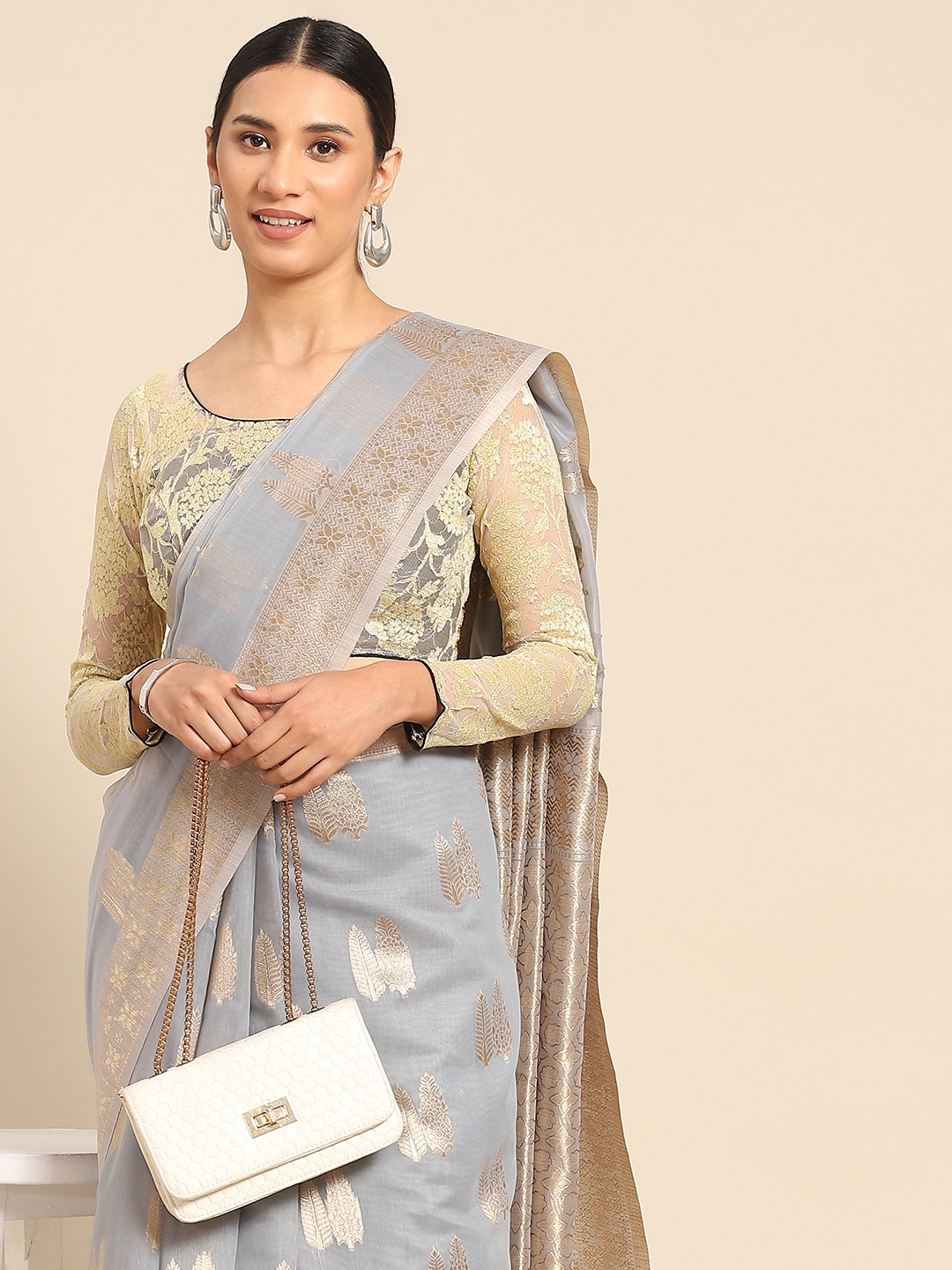 

Chhabra 555 Grey & Silver-Toned Floral Zari Silk Cotton Chanderi Saree