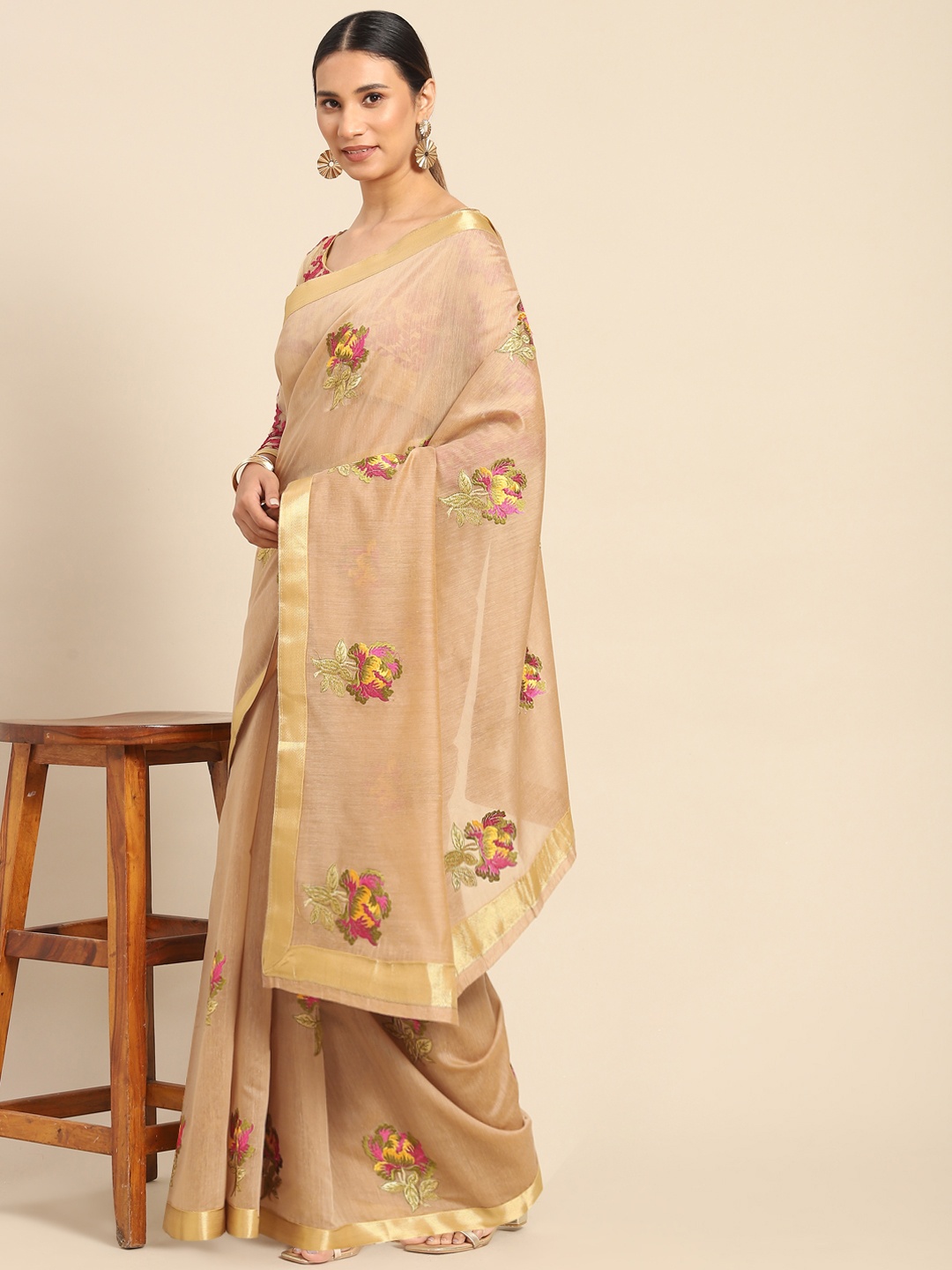 

Chhabra 555 Camel Brown & Beige Floral Resham Thread Embroidered Silk Blend Tussar Saree