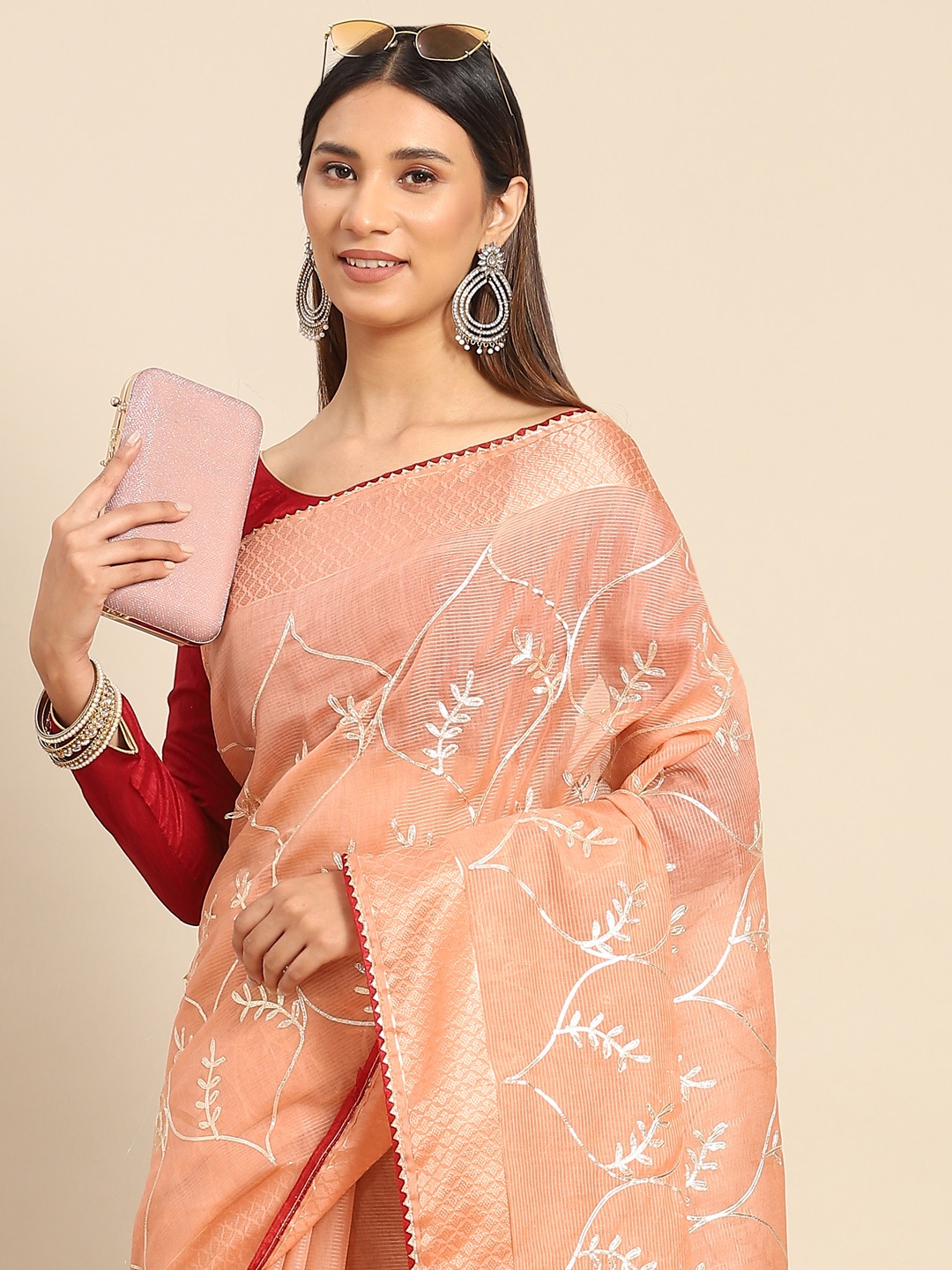 

Chhabra 555 Peach-Coloured & Maroon Woven Design Gotta Patti Silk Cotton Chanderi Saree