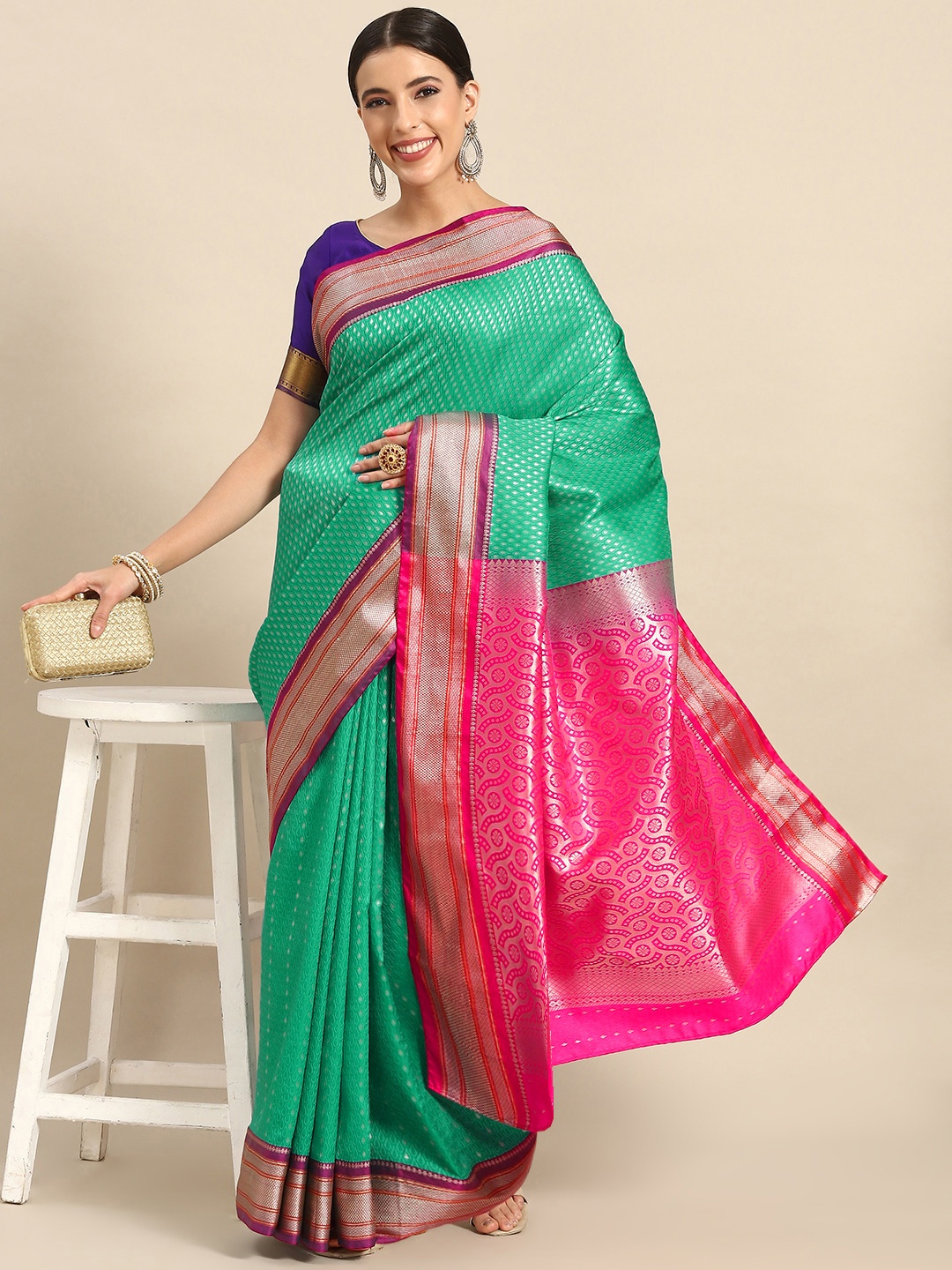 

Chhabra 555 Ethnic Motifs Zari Silk Blend Jamdani Saree, Sea green