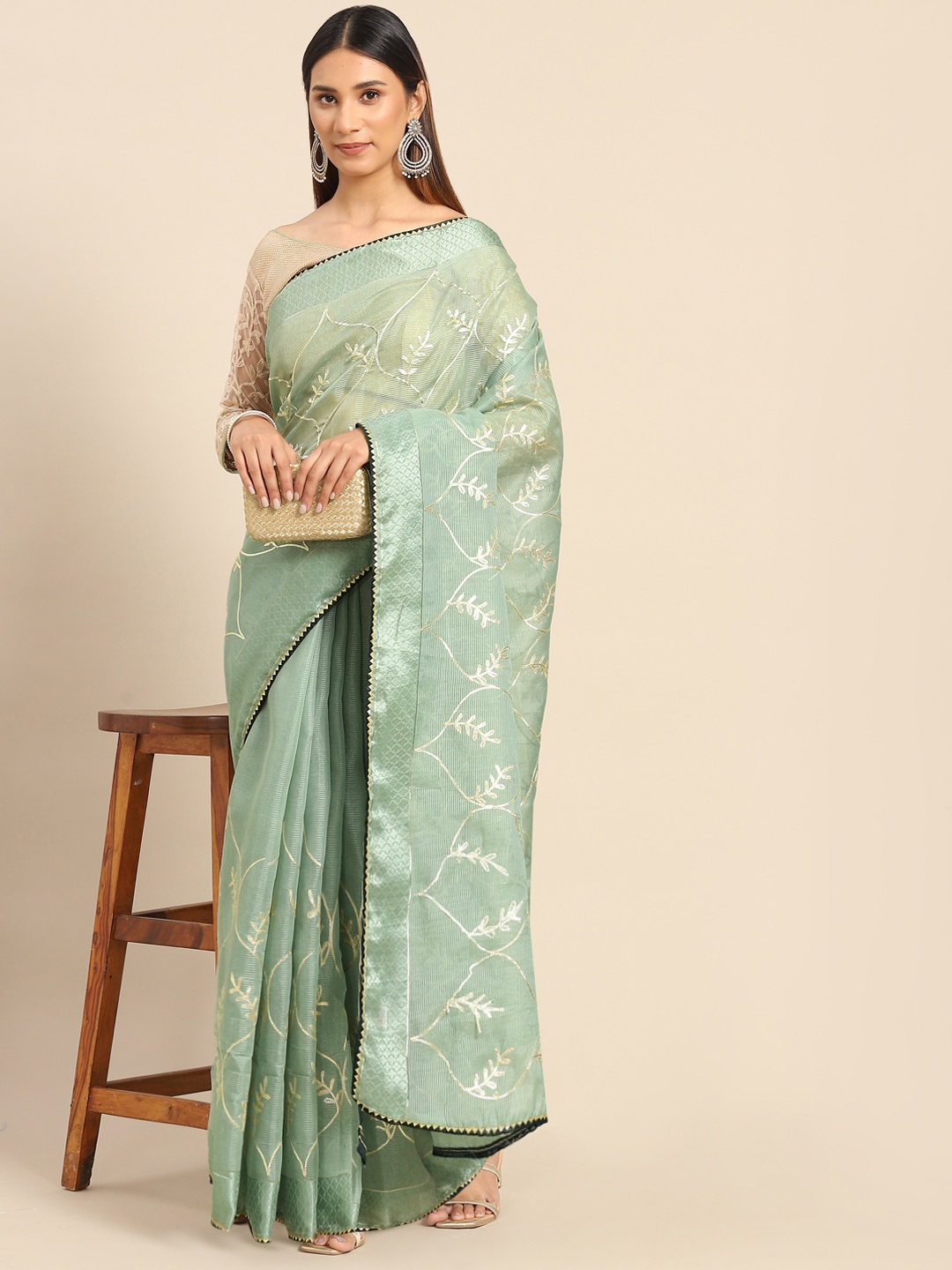 

Chhabra 555 Sea Green Woven Design Gotta Patti Silk Cotton Chanderi Saree