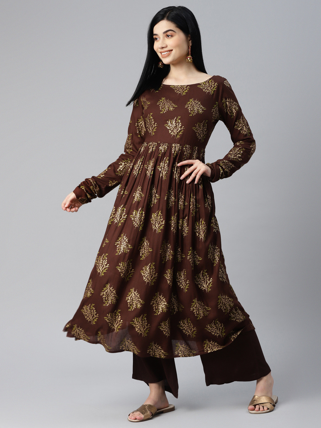 

MBE Women Brown Ethnic Motifs Printed Pleated Kurta with Palazzos