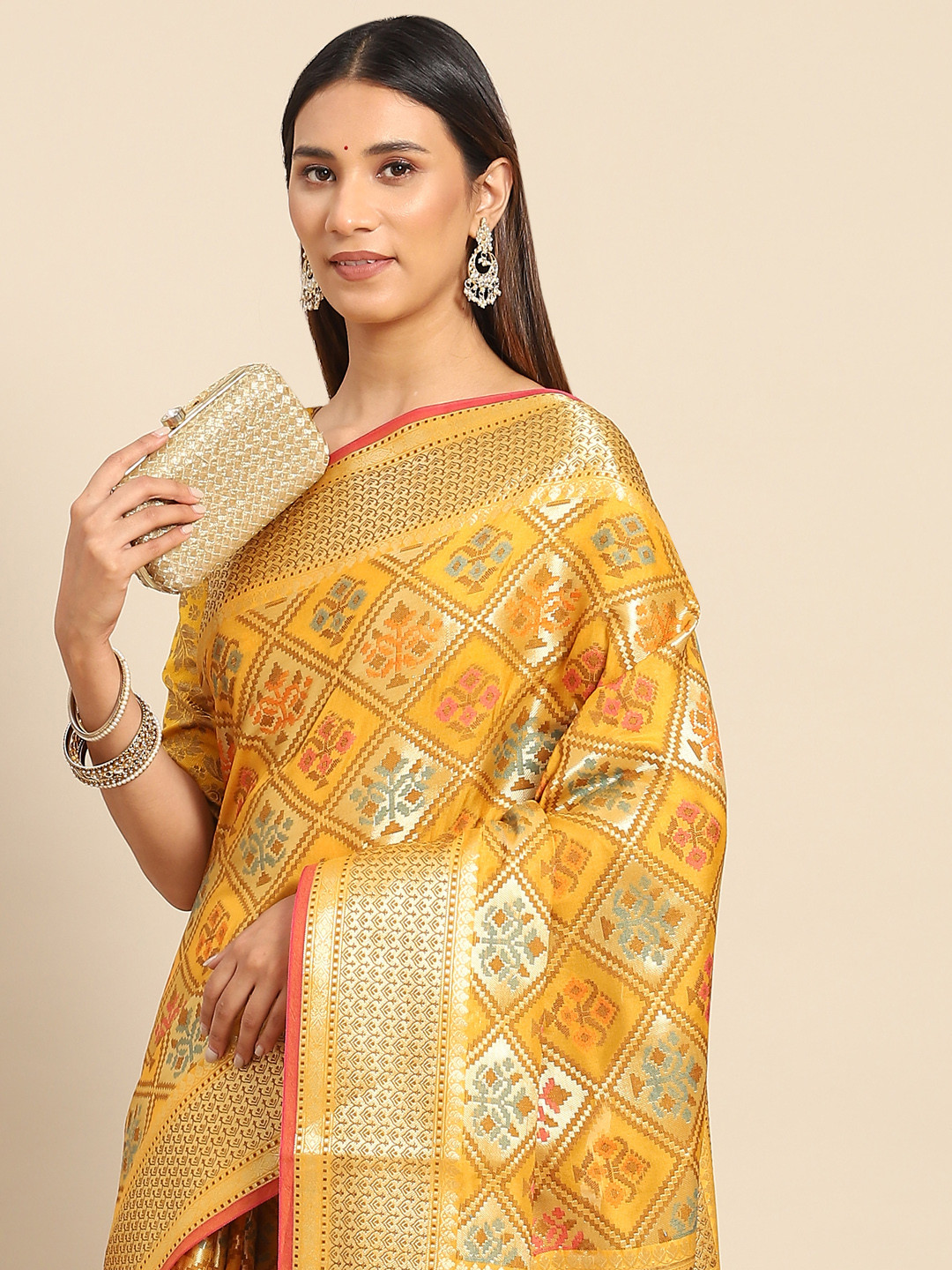 

Chhabra 555 Yellow Floral Zari Silk Blend Banarasi Saree