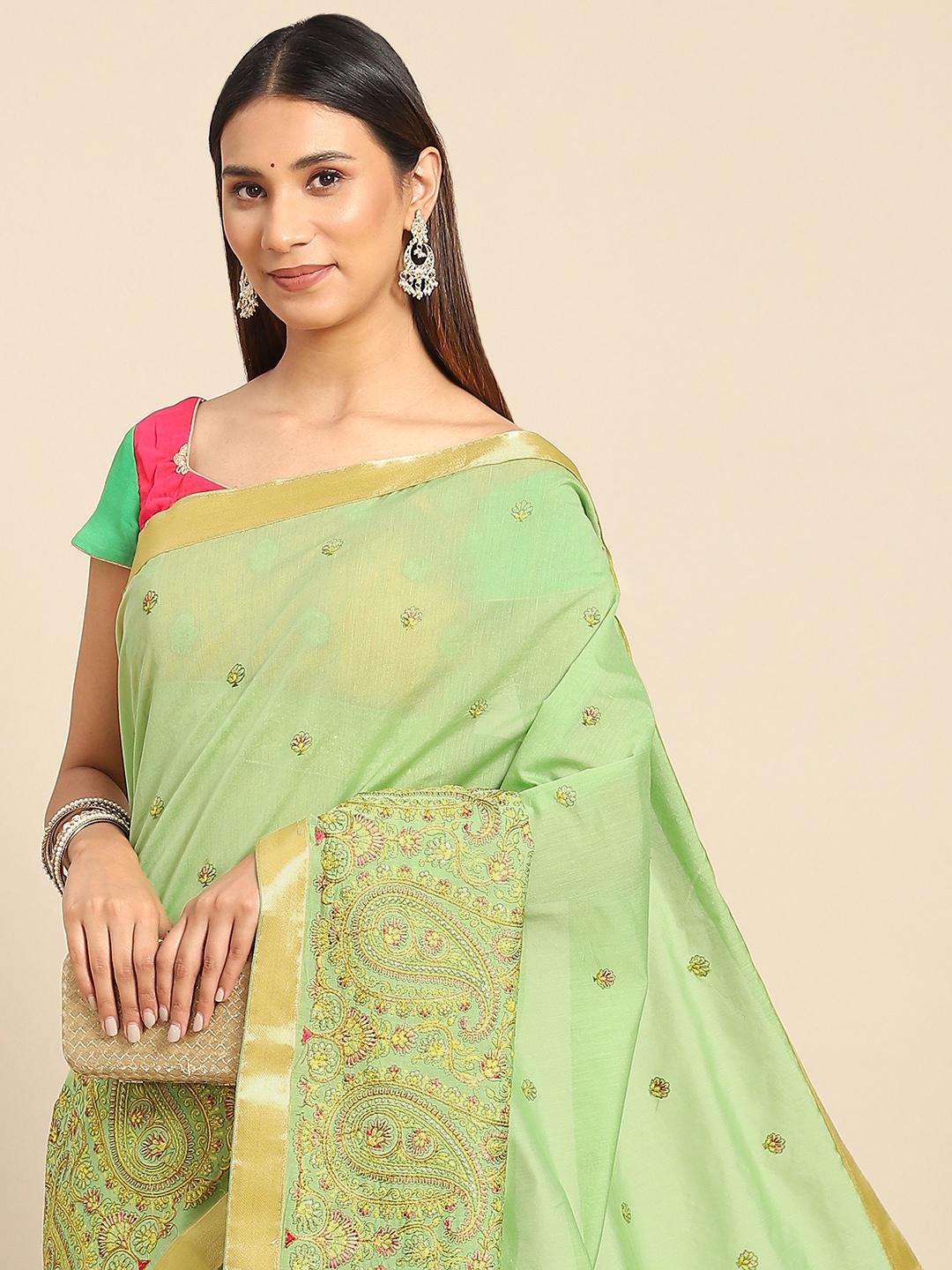 

Chhabra 555 Green Paisley Embroidered Silk Blend Tussar Saree