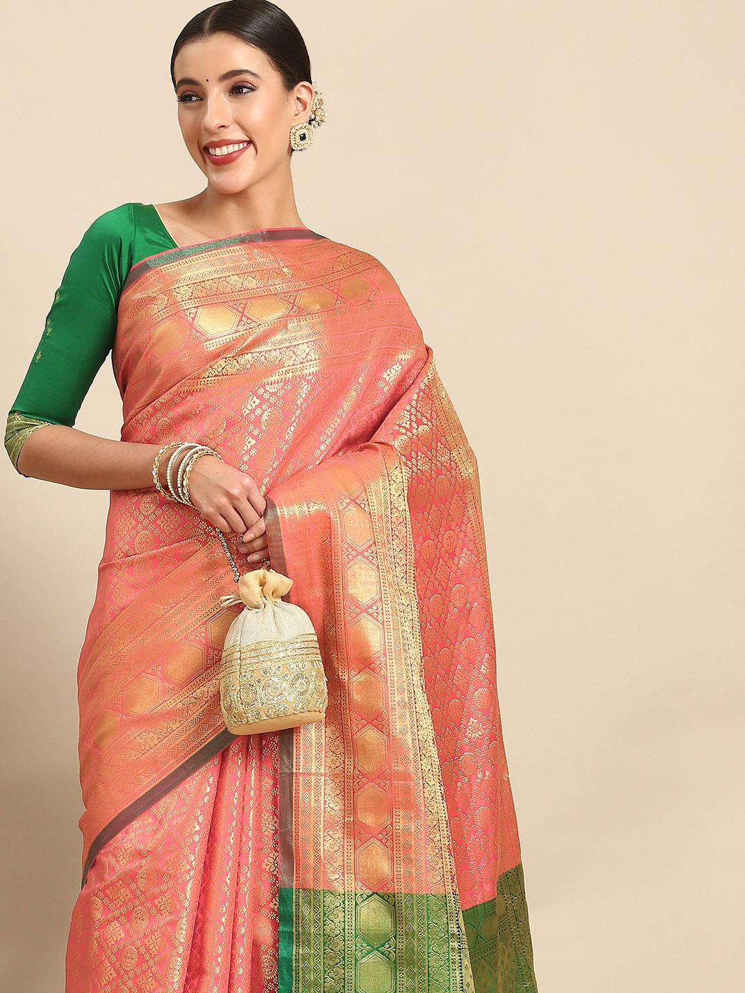 

Chhabra 555 Zari Silk Blend Banarasi Saree, Coral