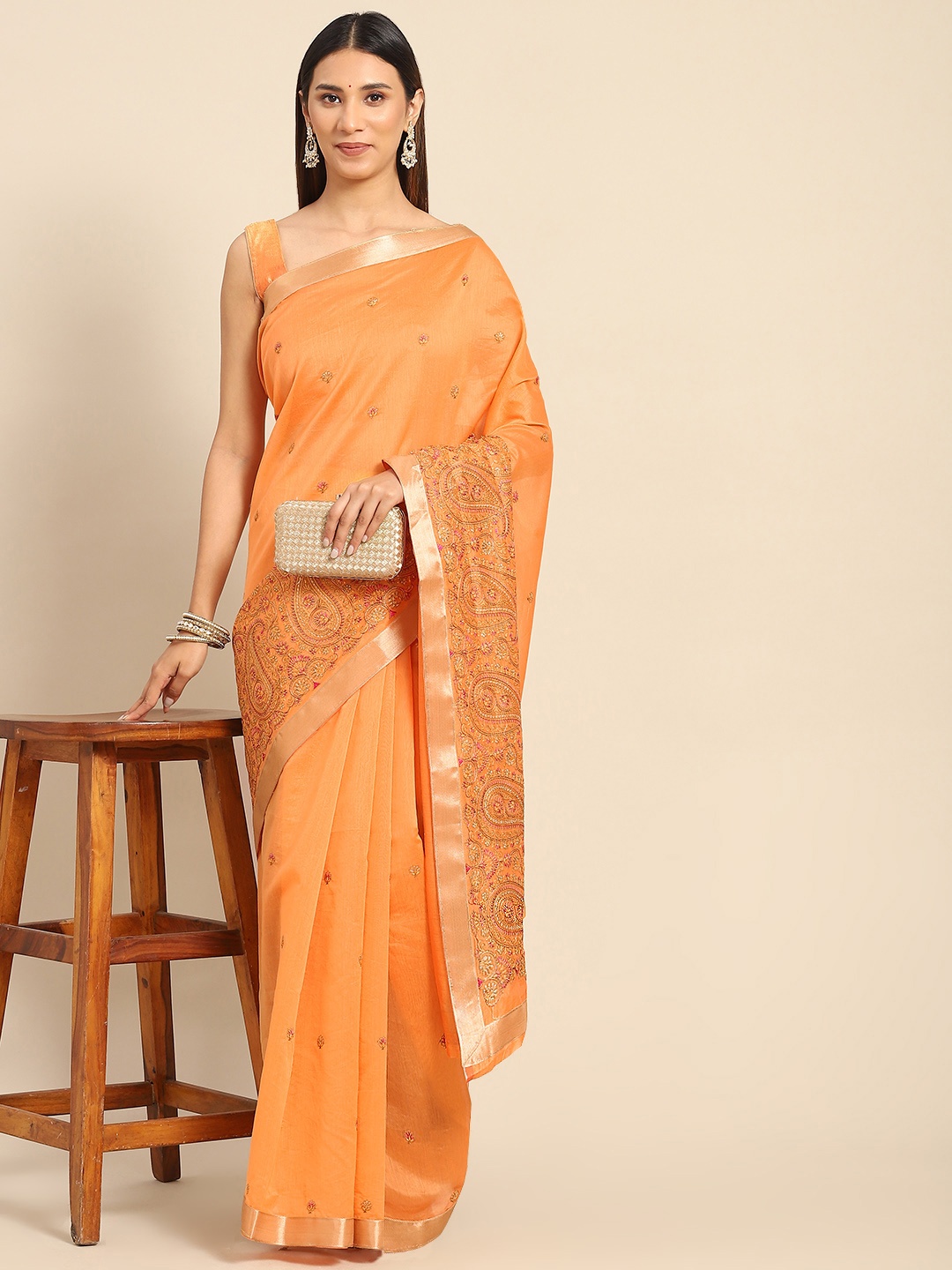 

Chhabra 555 Orange Paisley Embroidered Silk Blend Tussar Saree