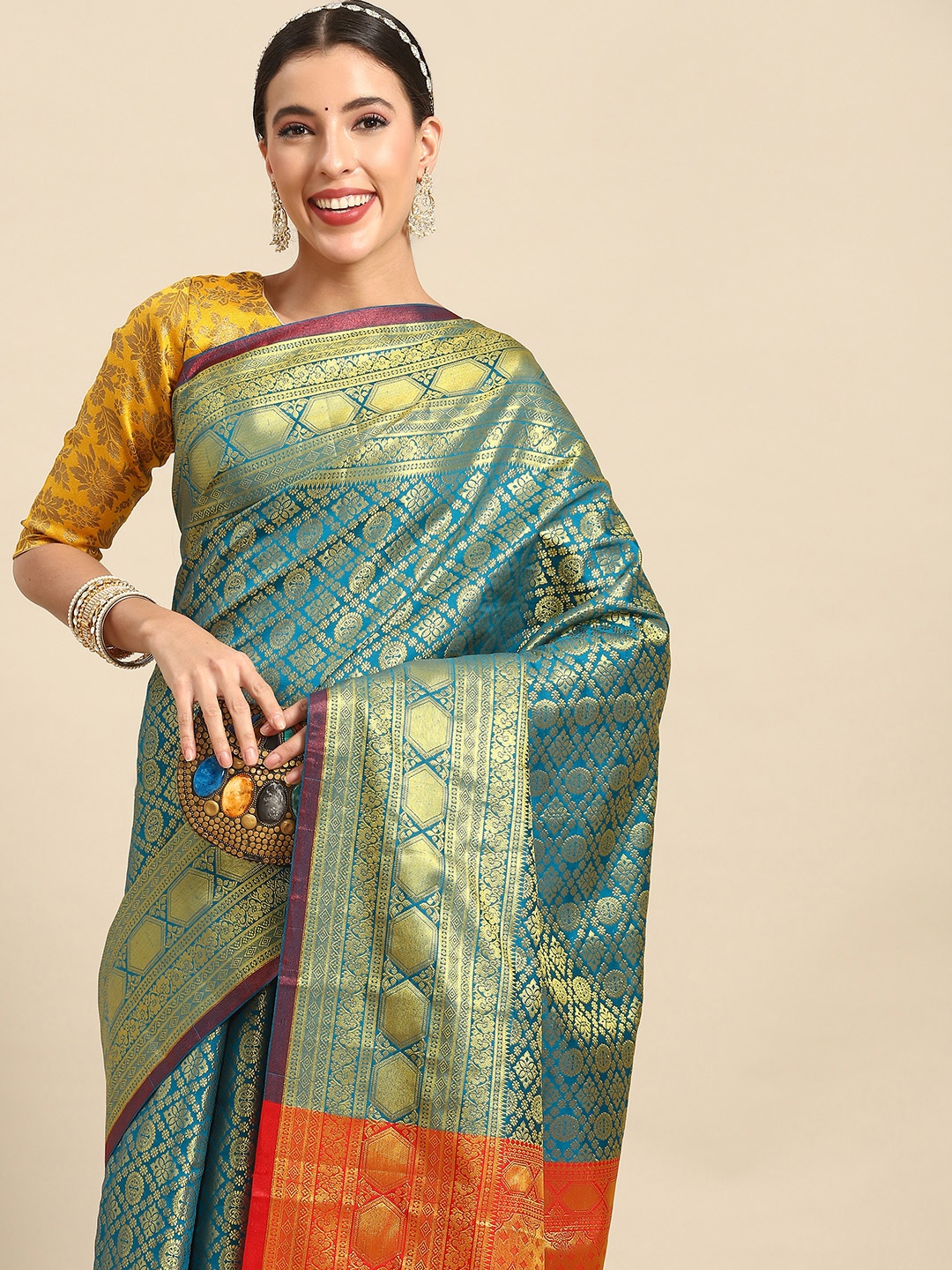 

Chhabra 555 Zari Silk Blend Banarasi Saree, Teal