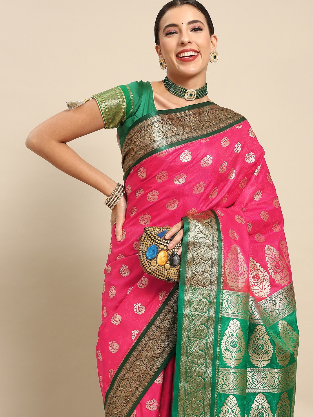 

Chhabra 555 Ethnic Motifs Zari Silk Blend Banarasi Saree, Pink