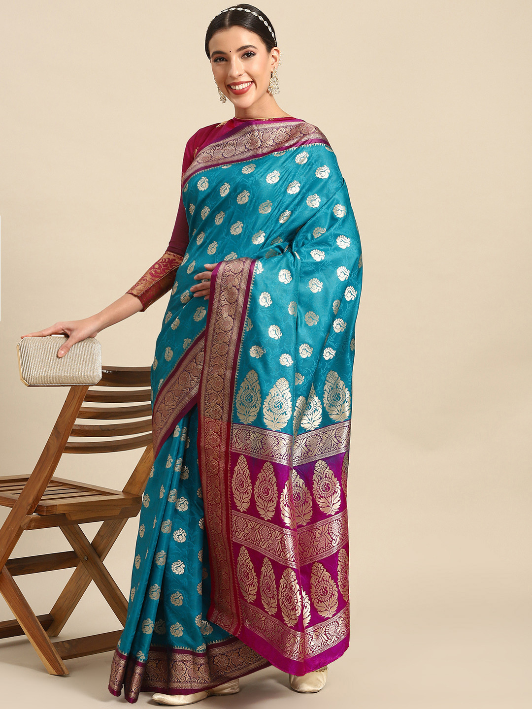 

Chhabra 555 Ethnic Motifs Zari Silk Blend Banarasi Saree, Blue