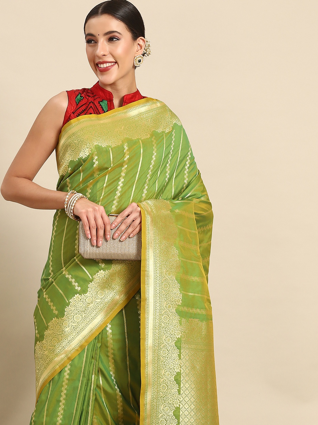 

Chhabra 555 Floral Zari Silk Blend Banarasi Saree, Green