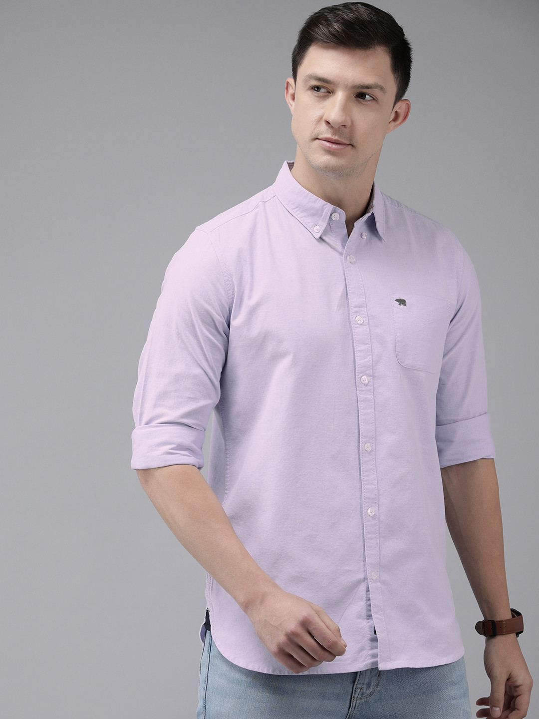 

THE BEAR HOUSE Men Lavender Pure Cotton Solid Slim Fit Casual Shirt