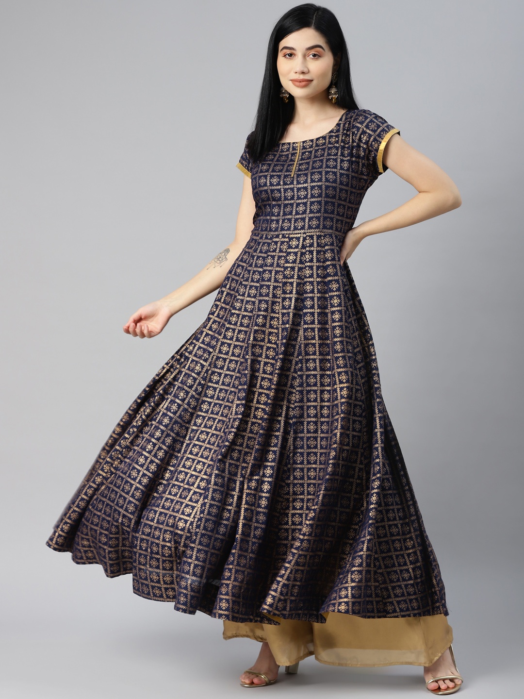 

MBE Women Navy Blue & Golden Ethnic Motifs Printed Anarkali Kurta