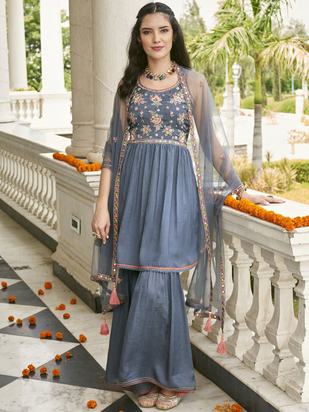 

AUTUMN LANE Women Blue Floral Embroidered Pure Cotton Kurta with Sharara & Dupatta
