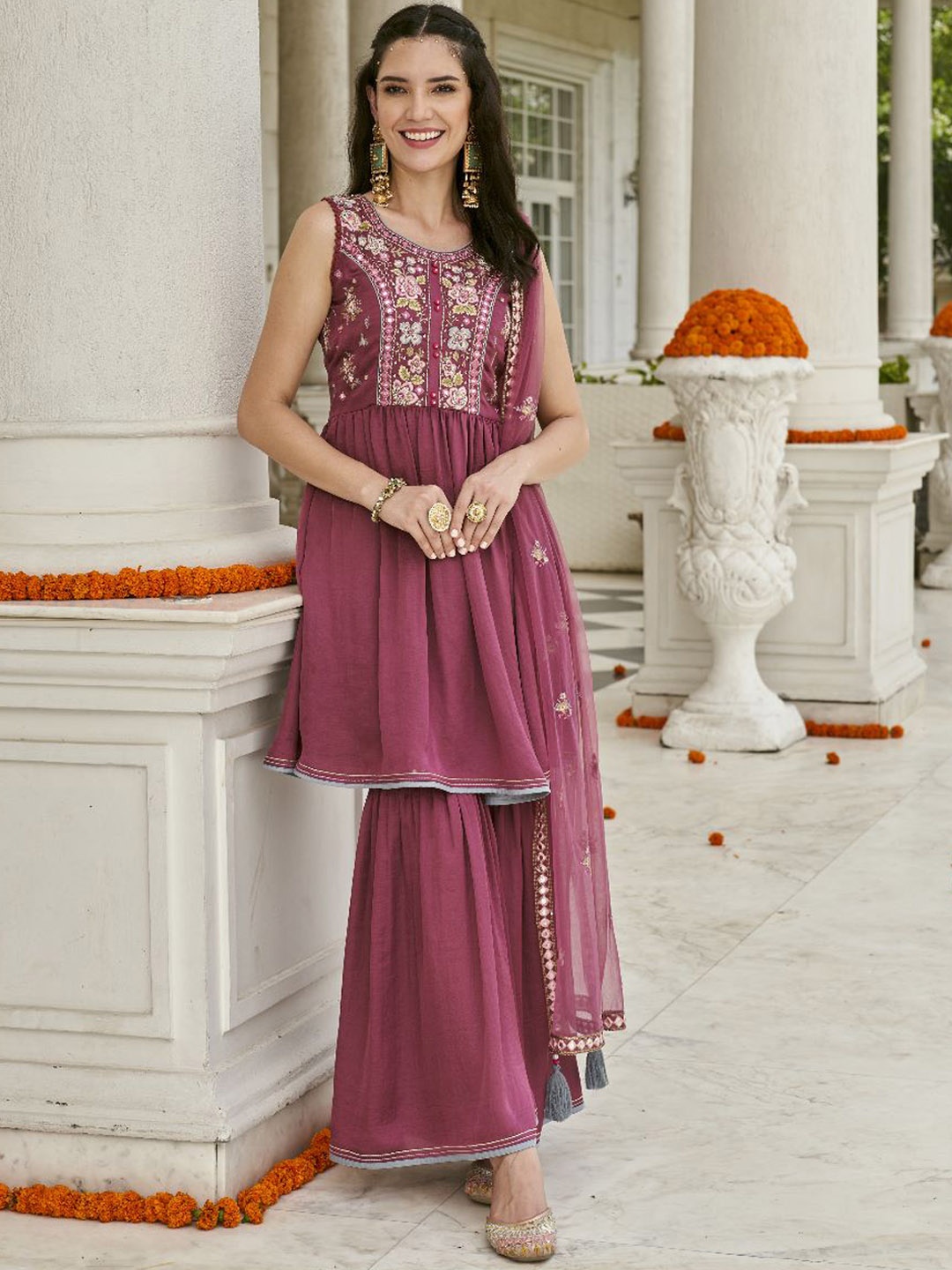 

AUTUMN LANE Women Lavender Embroidered Pure Cotton Kurta with Sharara & Dupatta