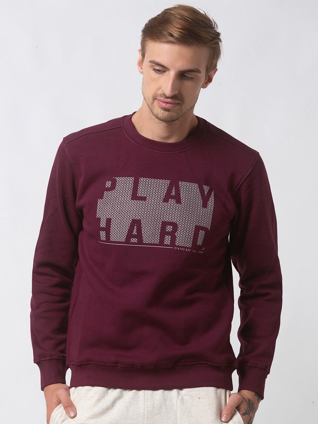 

Status Quo Men Maroon Printed Cotton Sweatshirt
