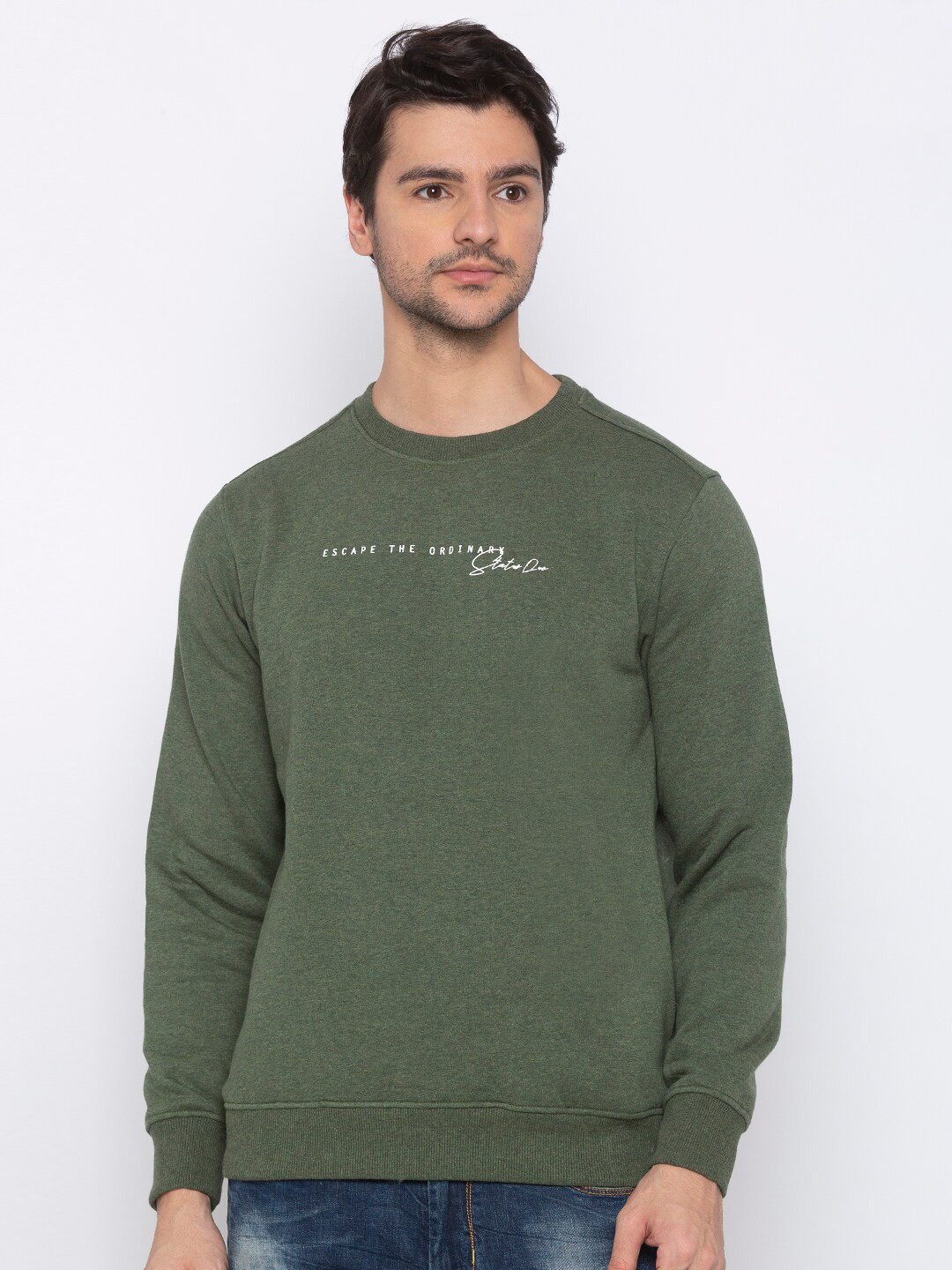 

Status Quo Men Olive Green Printed Cotton Sweatshirt