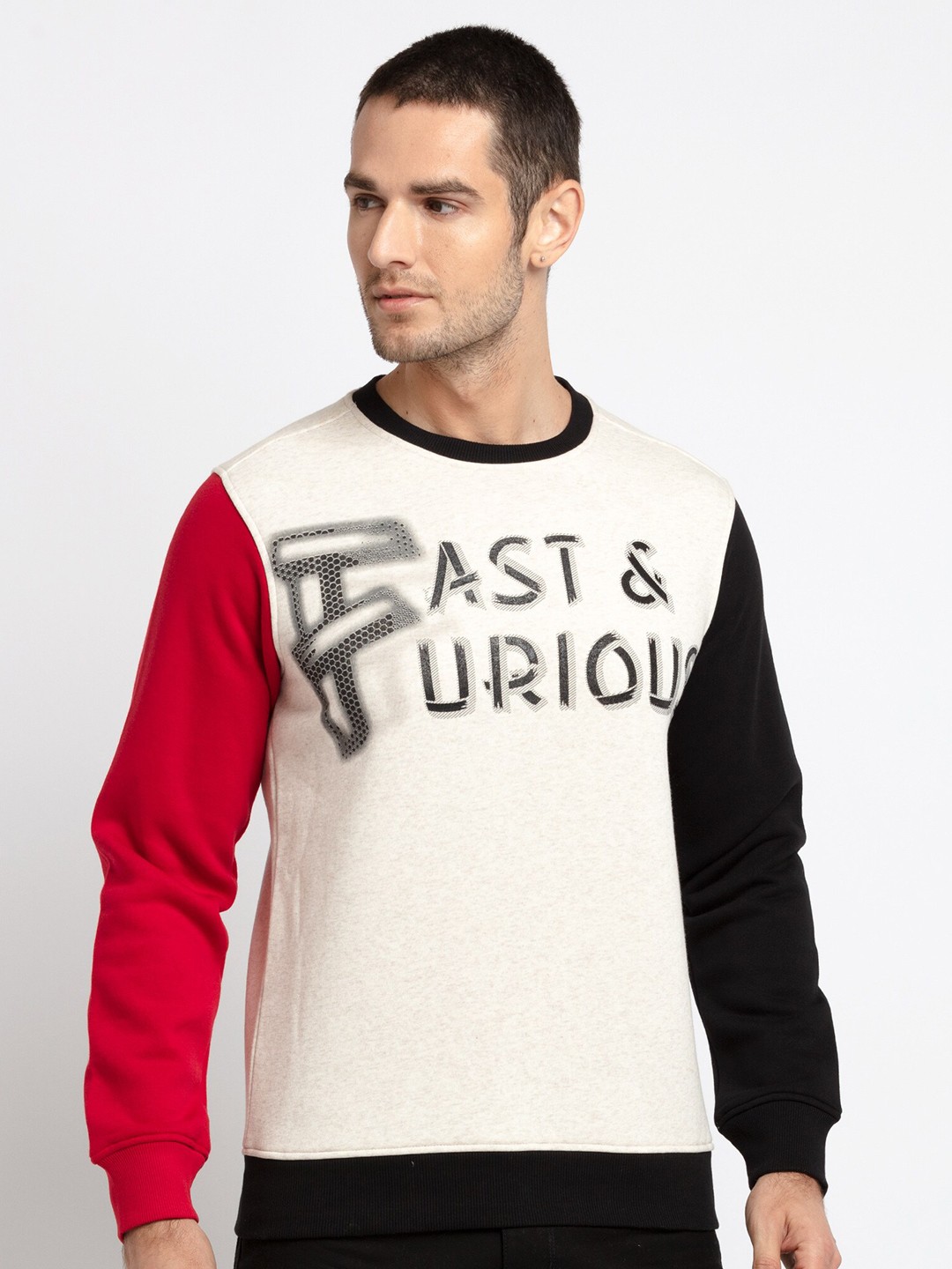 

Status Quo Men Off White & Red Printed Cotton Sweatshirt