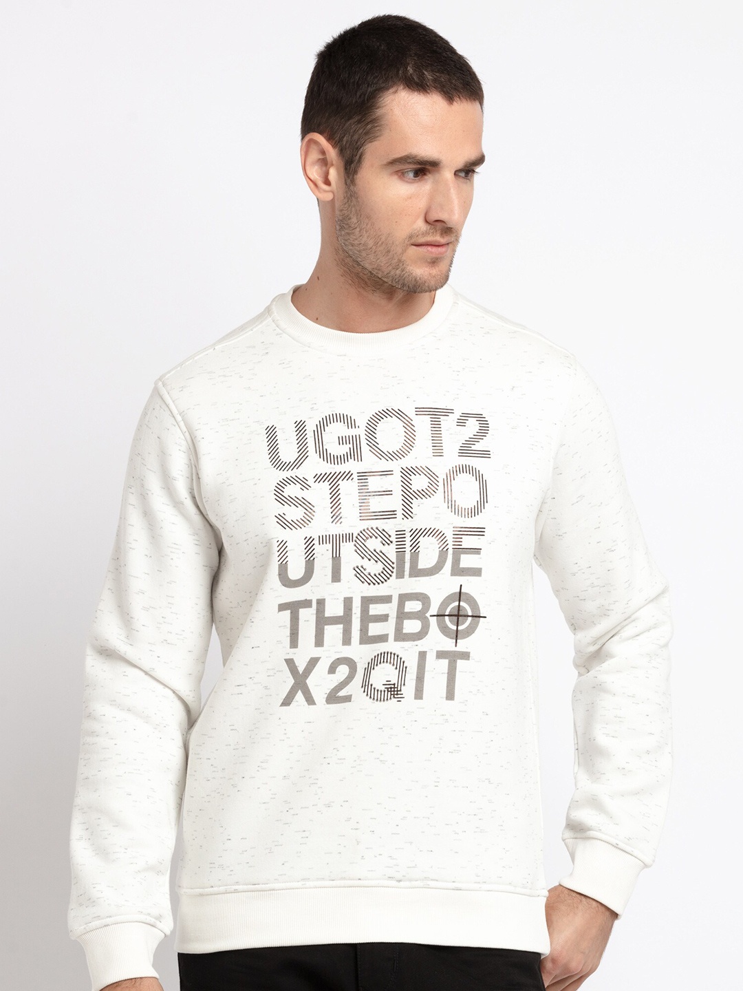 

Status Quo Men White Printed Cotton Sweatshirt