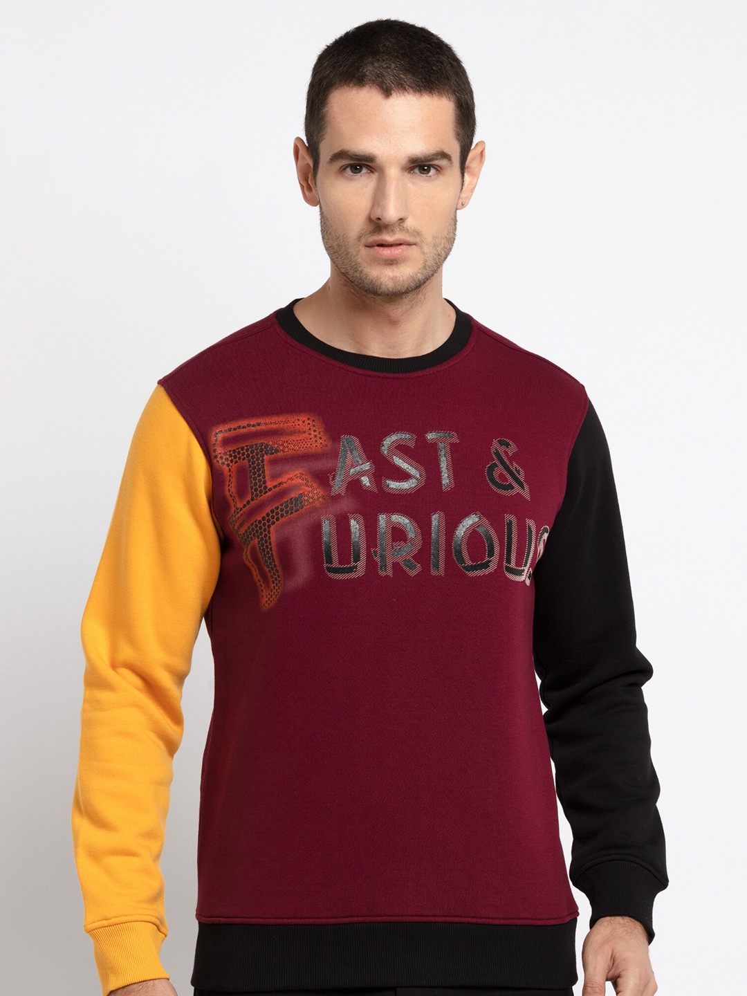 

Status Quo Men Maroon Colourblocked Cotton Sweatshirt