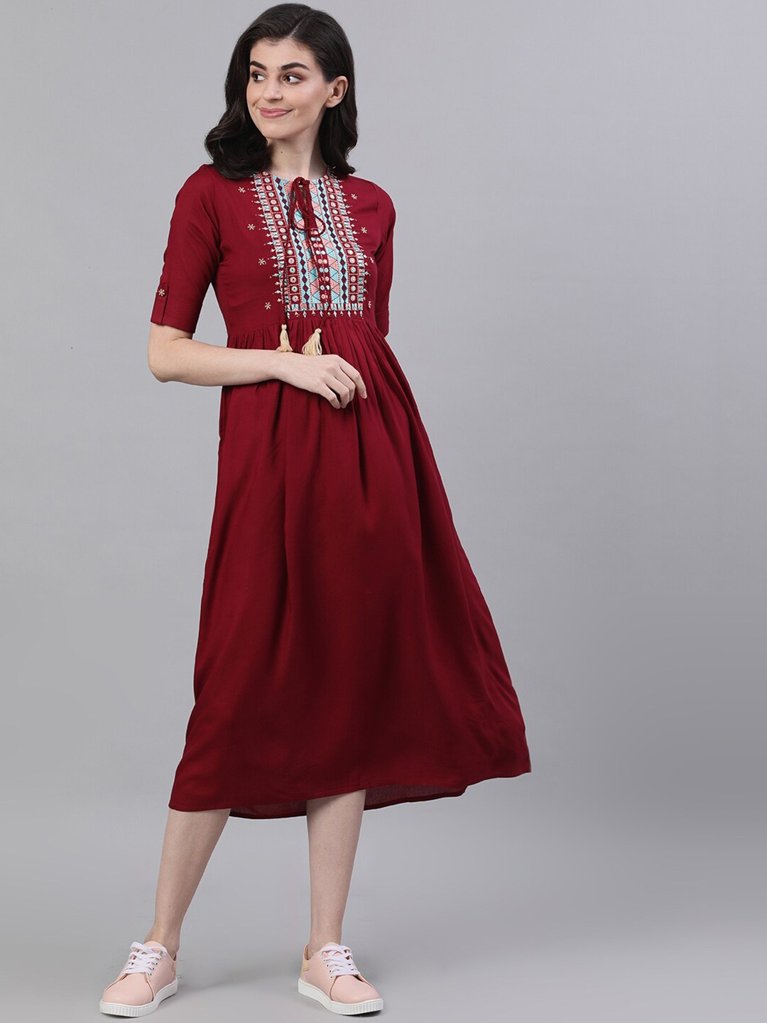 

AASI - HOUSE OF NAYO Women Maroon Embroidered Tie-Up Neck Midi Dress