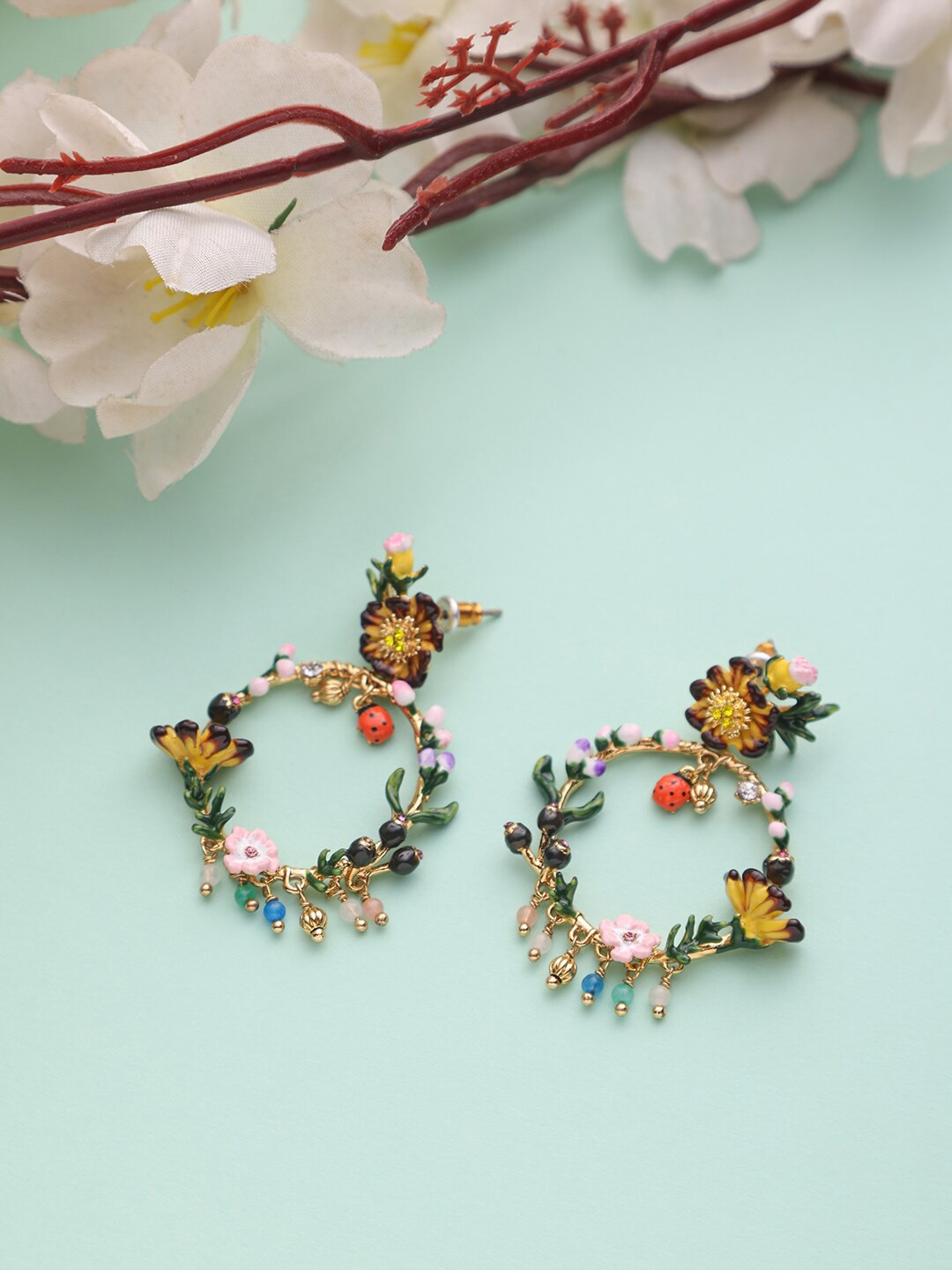 

BrashBug Gold-Toned & Green Floral Drop Earrings