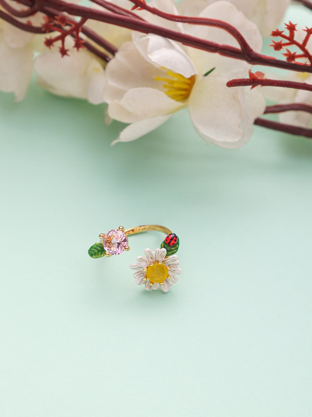 

BrashBug Gold-Plated Pink Rhinestone Studded Floral Adjustable Finger Ring