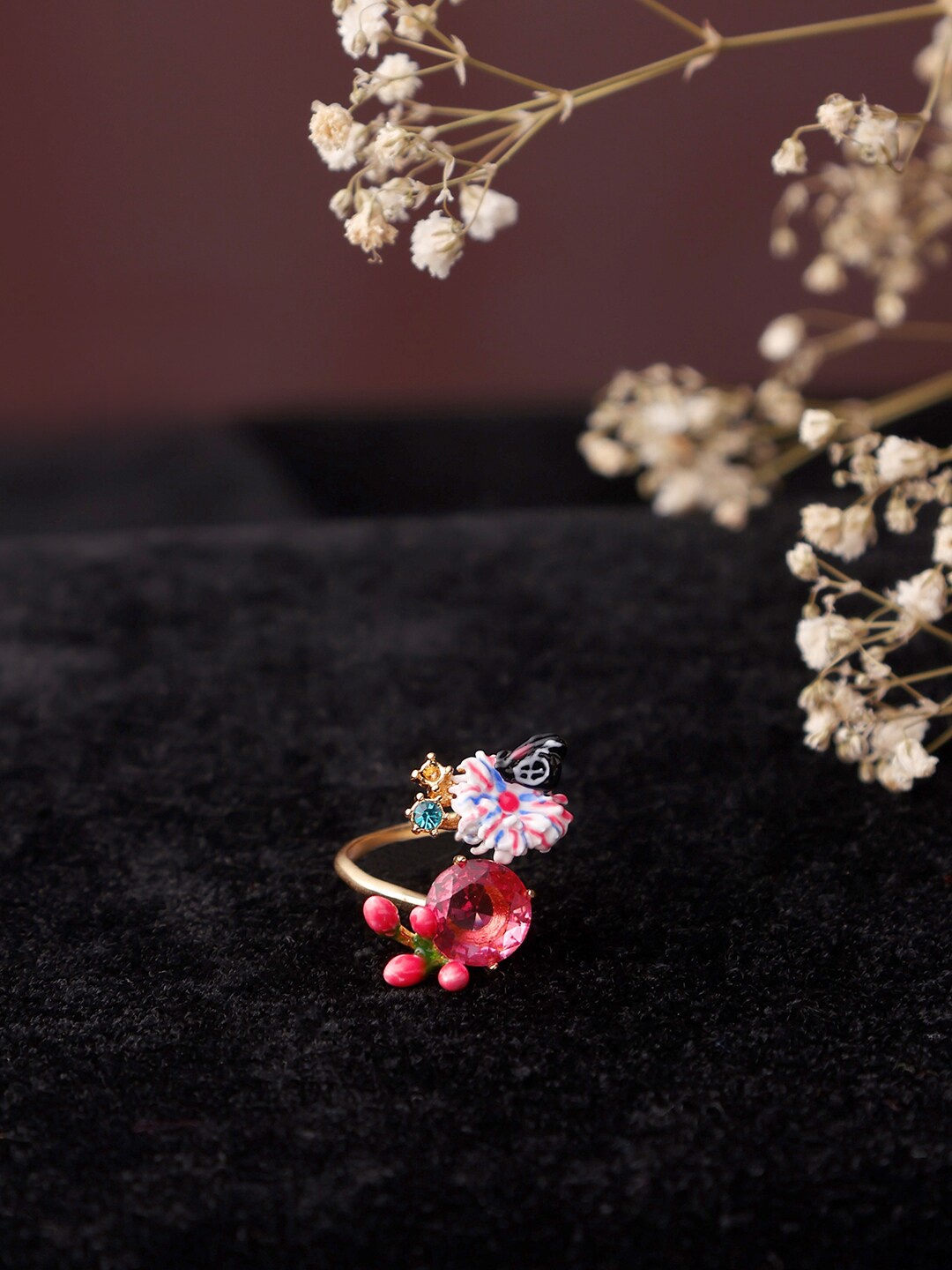 

BrashBug Gold-Plated & Pink Floral Fancy Crystal Adjustable Ring