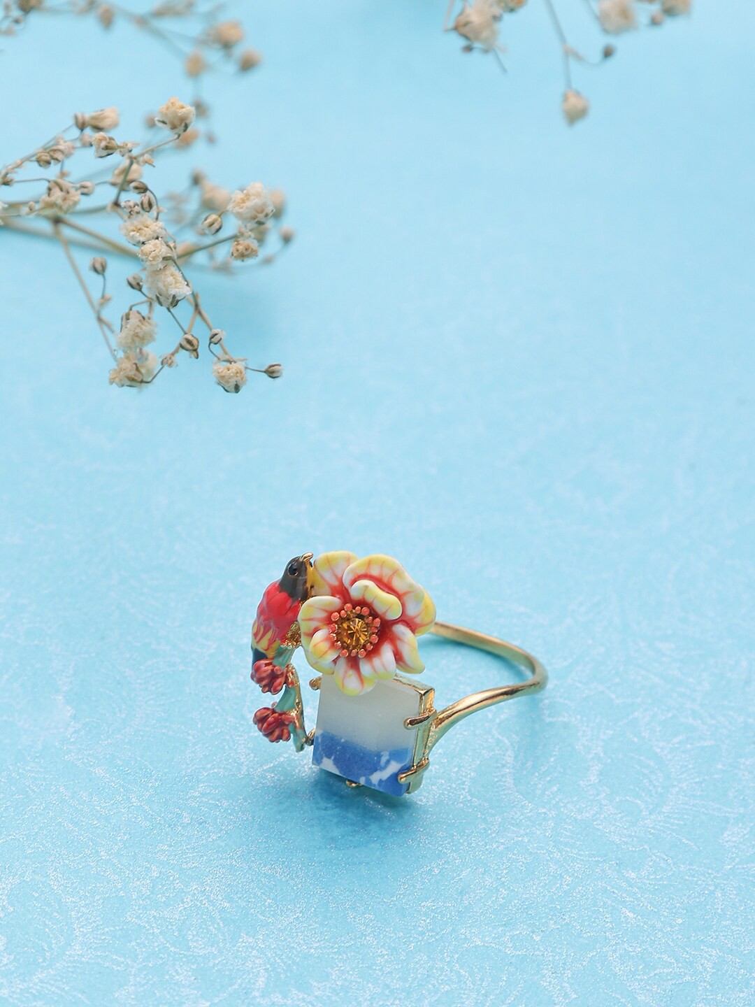 

BrashBug Gold-Plated Red & Yellow Rhinestone-Studded Finger Ring