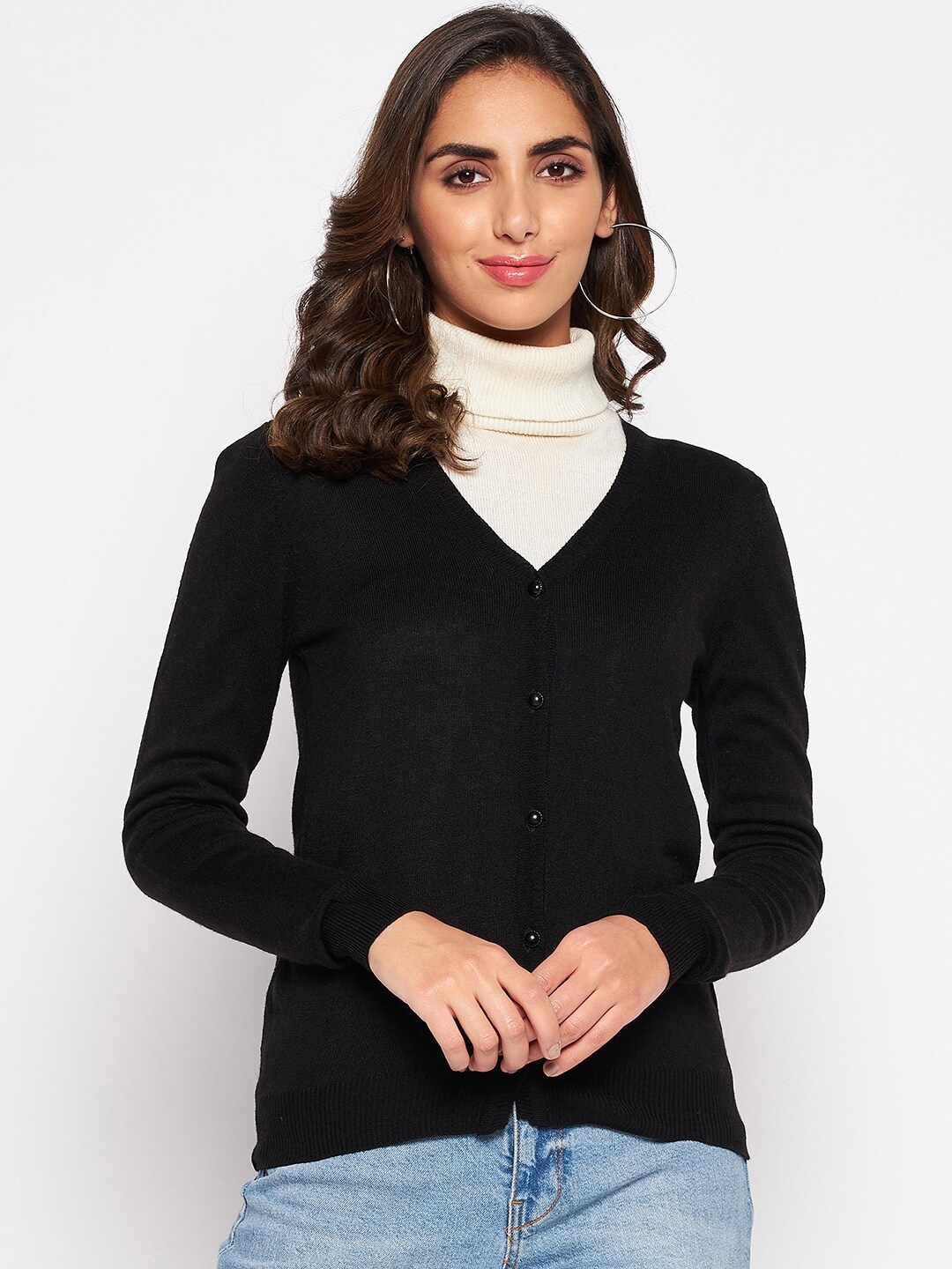 

Crozo By Cantabil Women Black Ribbed Acrylic Cardigan