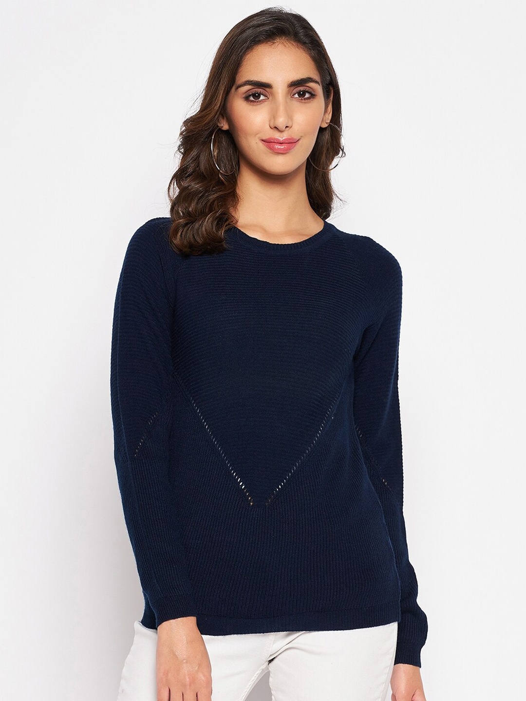 

Crozo By Cantabil Women Navy Blue & White Ribbed Acrylic Pullover