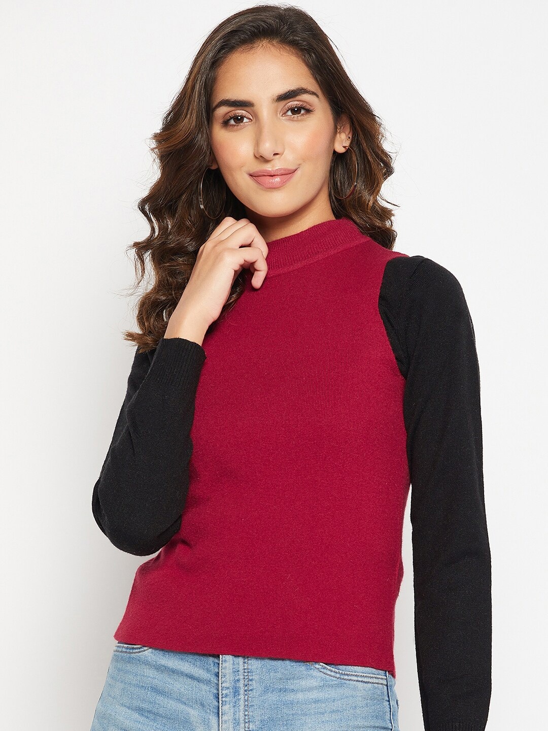 

Crozo By Cantabil Women Maroon & Black Colourblocked Wool Pullover