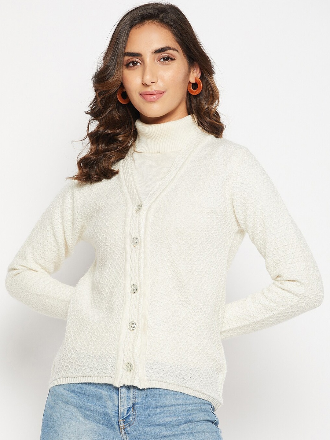 

Crozo By Cantabil Women Wool Off White Cable Knit Cardigan