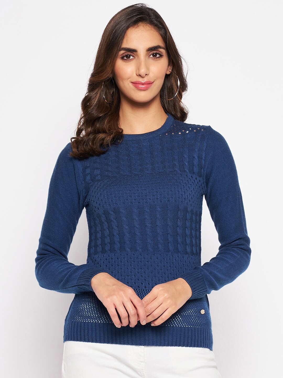 

Crozo By Cantabil Women Acrylic Blue Cable Knit Pullover