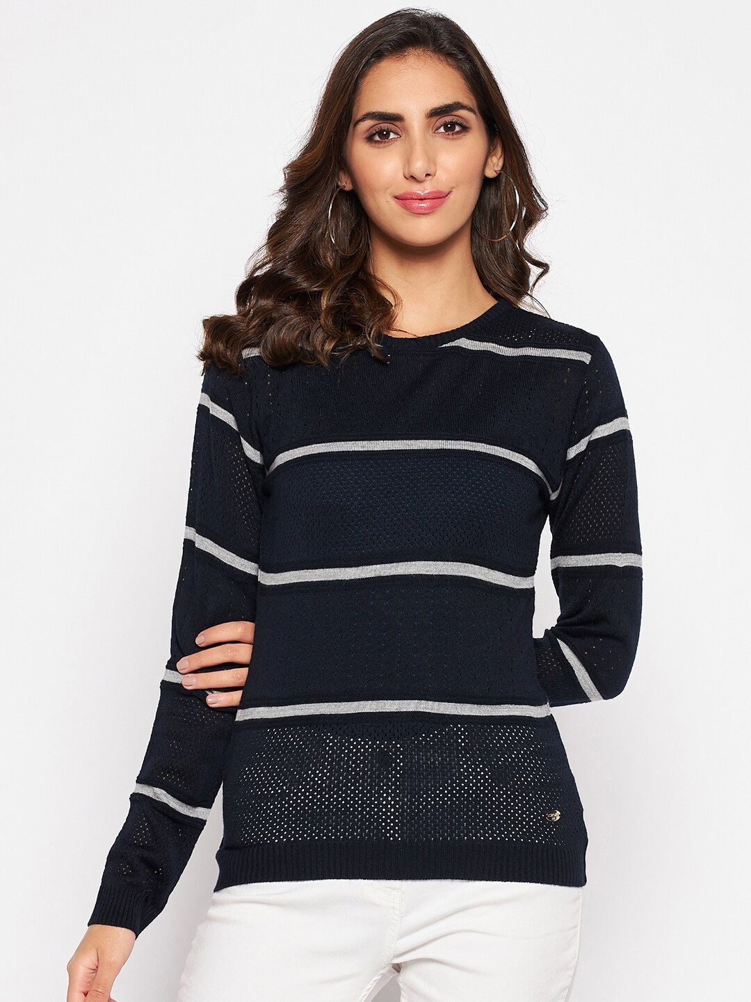 

Crozo By Cantabil Women Acrylic Navy Blue & Grey Striped Pullover