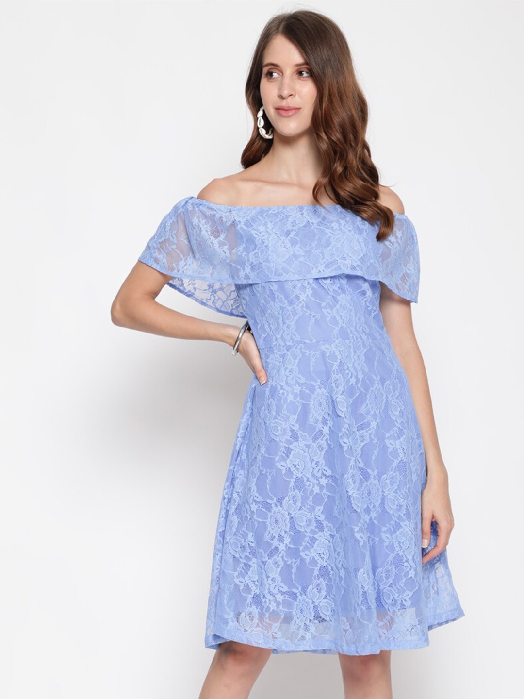

AKIMIA Women Blue Off-Shoulder Lace A-Line Dress