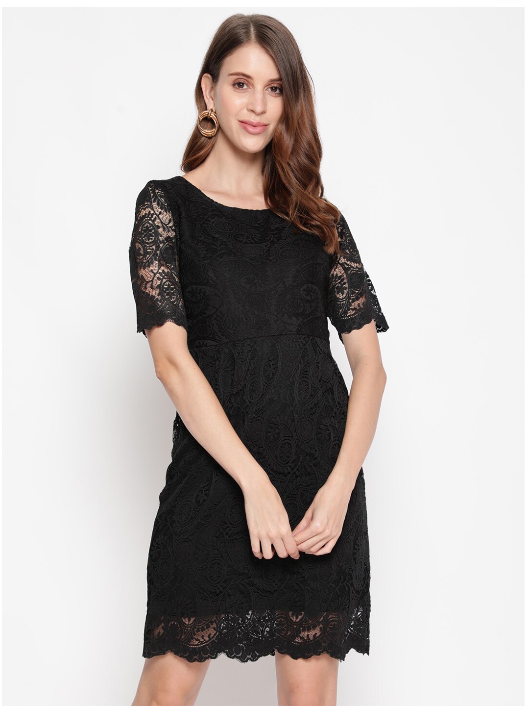 AKIMIA Women Black Lace Sheath Dress