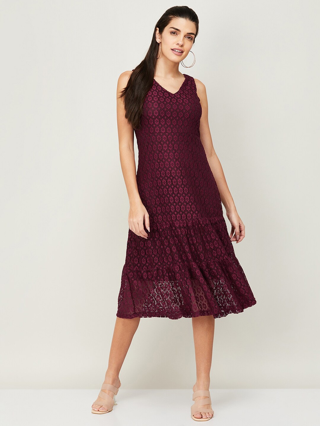 

CODE by Lifestyle Red Solid A-Line Self Design Midi Dress