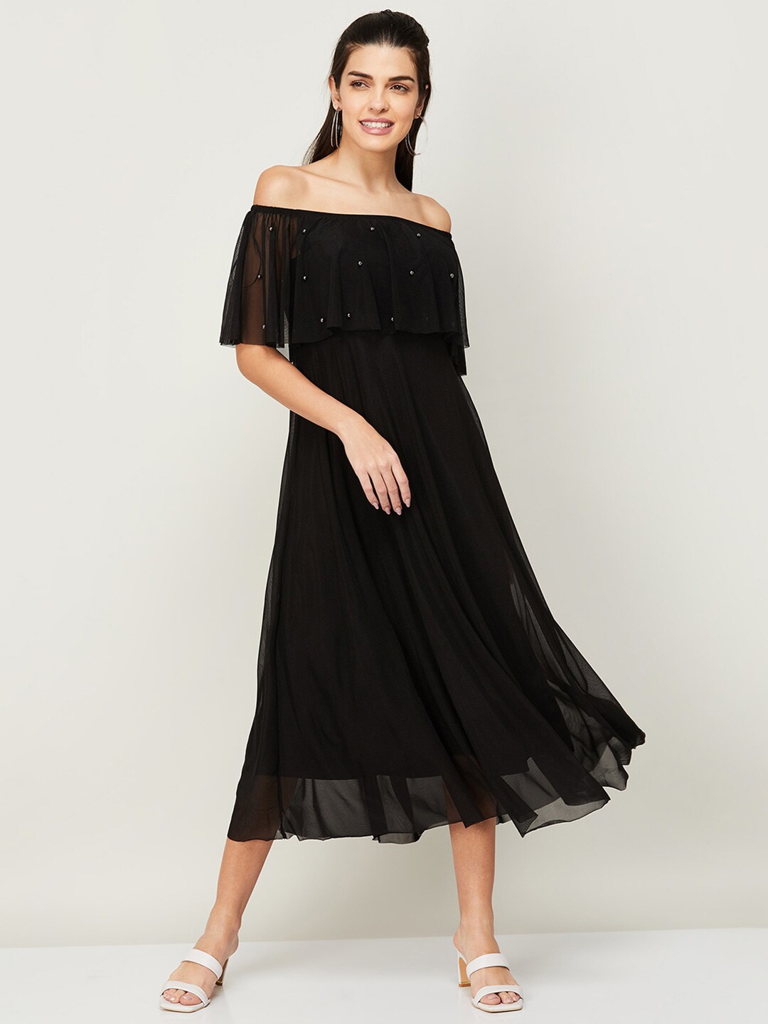 

CODE by Lifestyle Black Solid Off-Shoulder Midi Dress