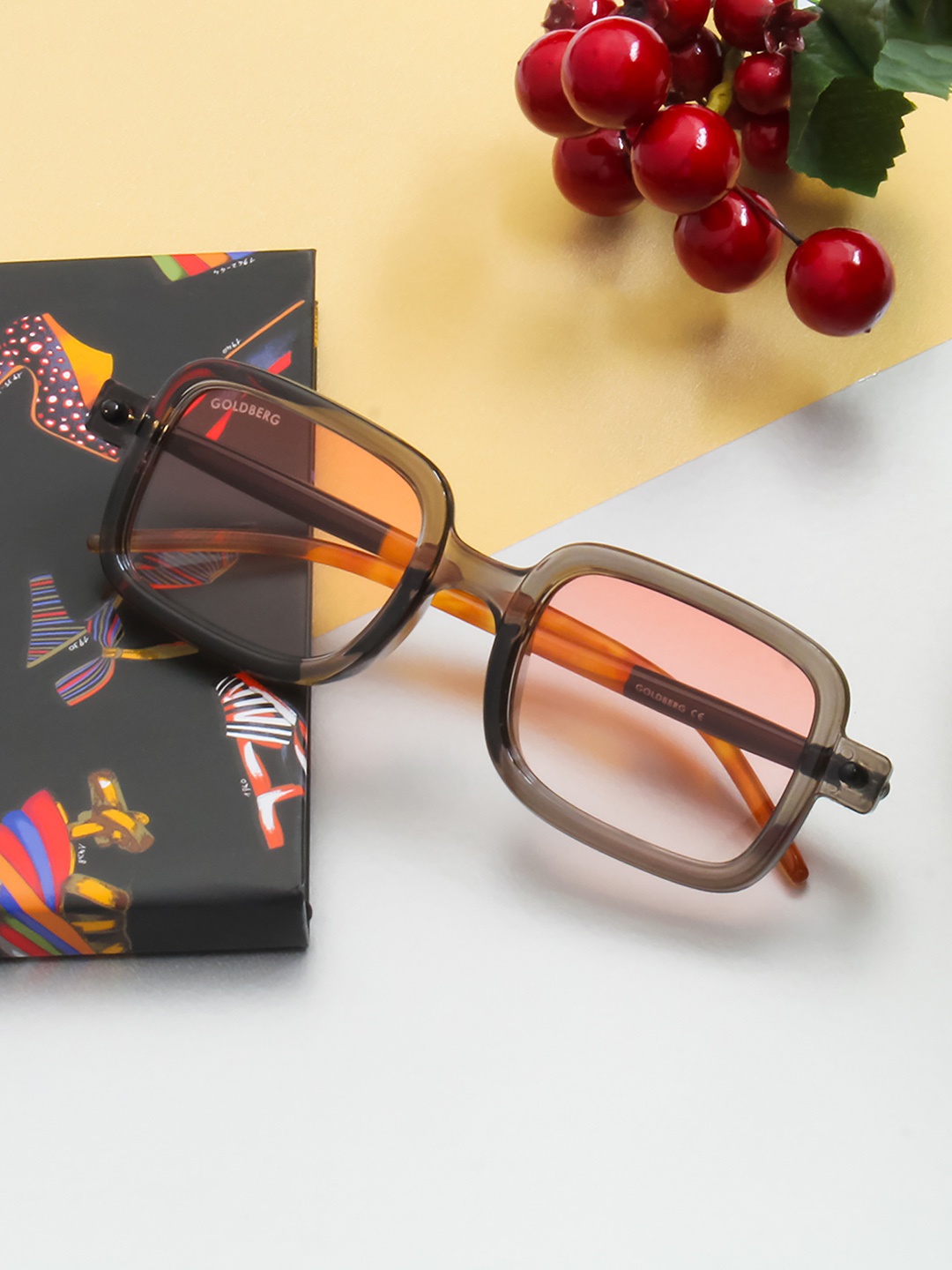 

Gold Berg Pink Lens & Brown Square Sunglasses with UV Protected Lens- GB-22037_C5