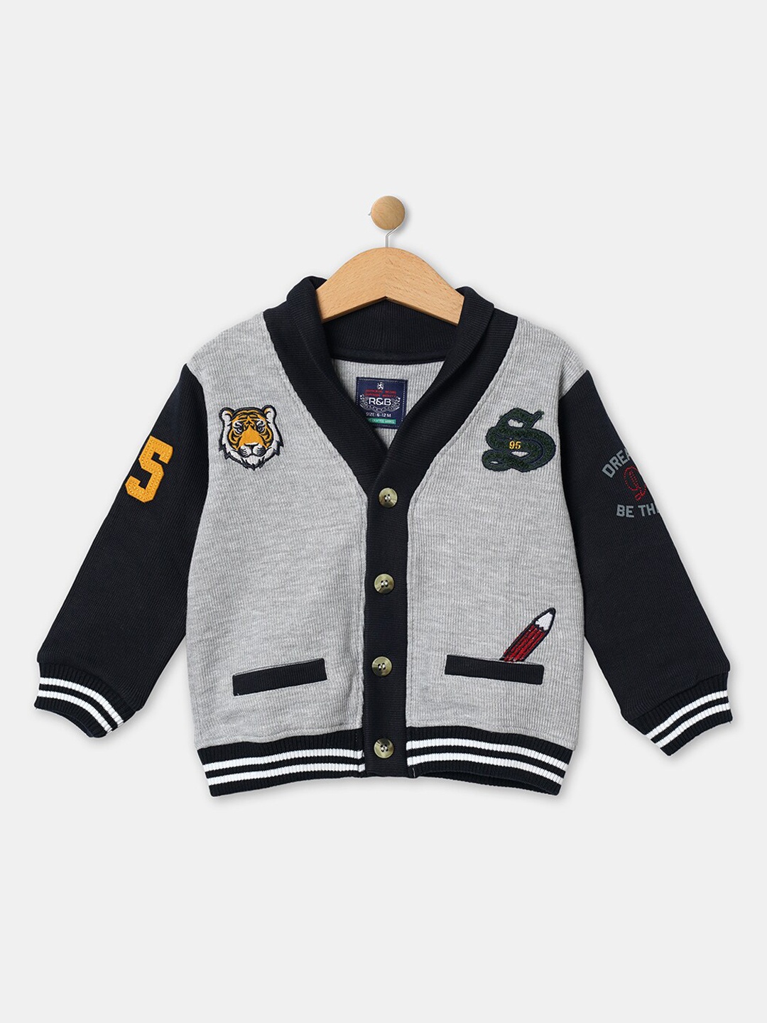 

R&B Boys Grey Navy Blue Cotton Bomber with Patchwork Jacket