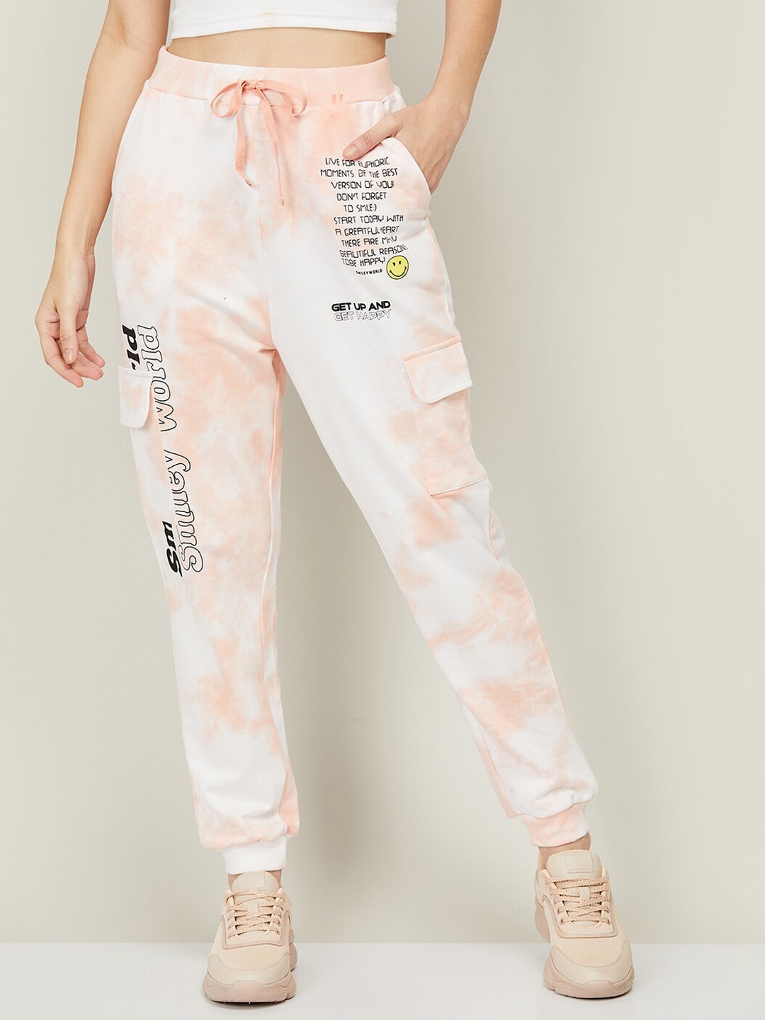 

SmileyWorld Women Peach-Coloured Tie and Dye High-Rise Cotton Joggers