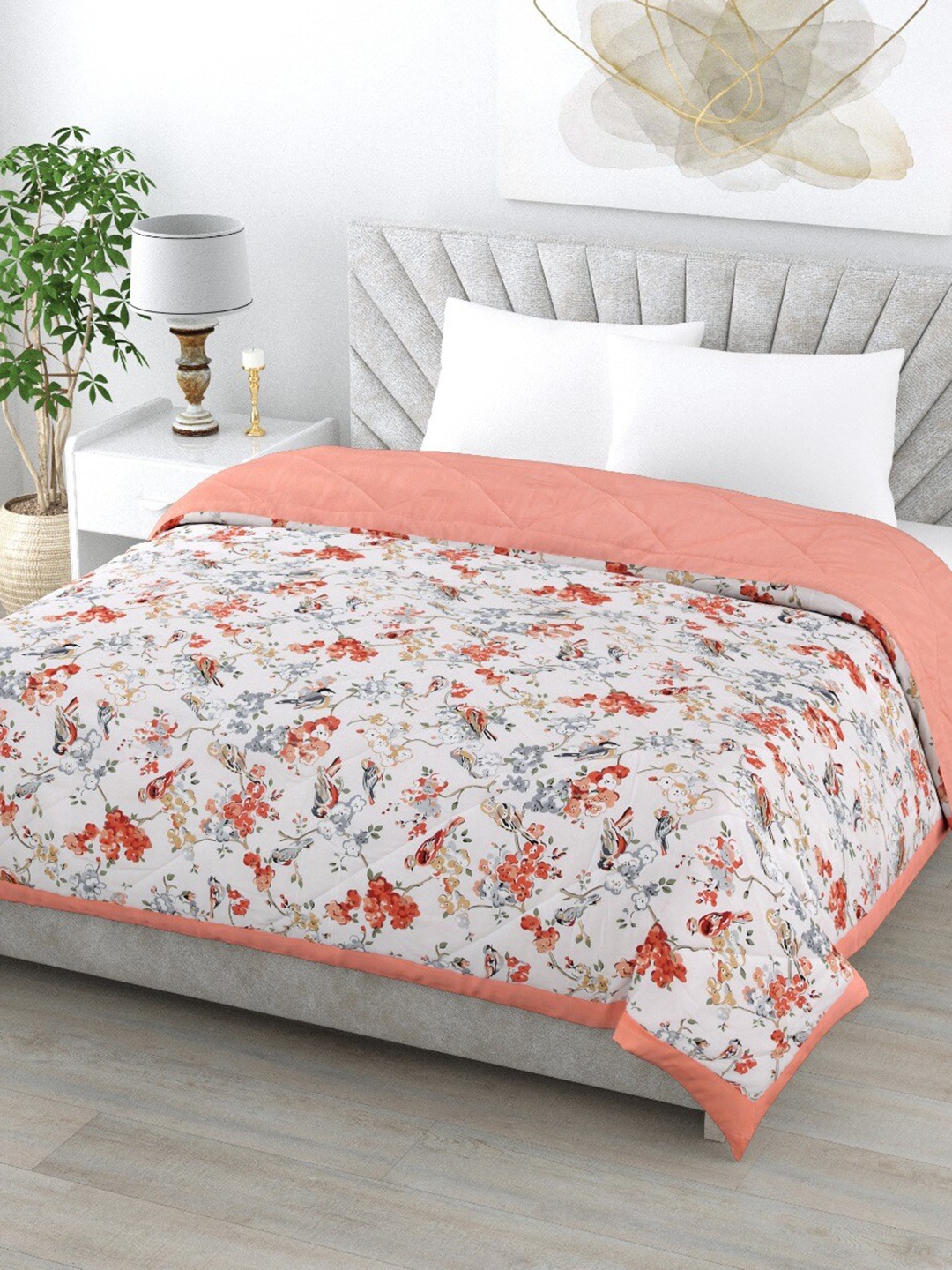 

Gulaab Jaipur White & Peach Printed 350 GSM Cotton Reversible Double Bed Comforter
