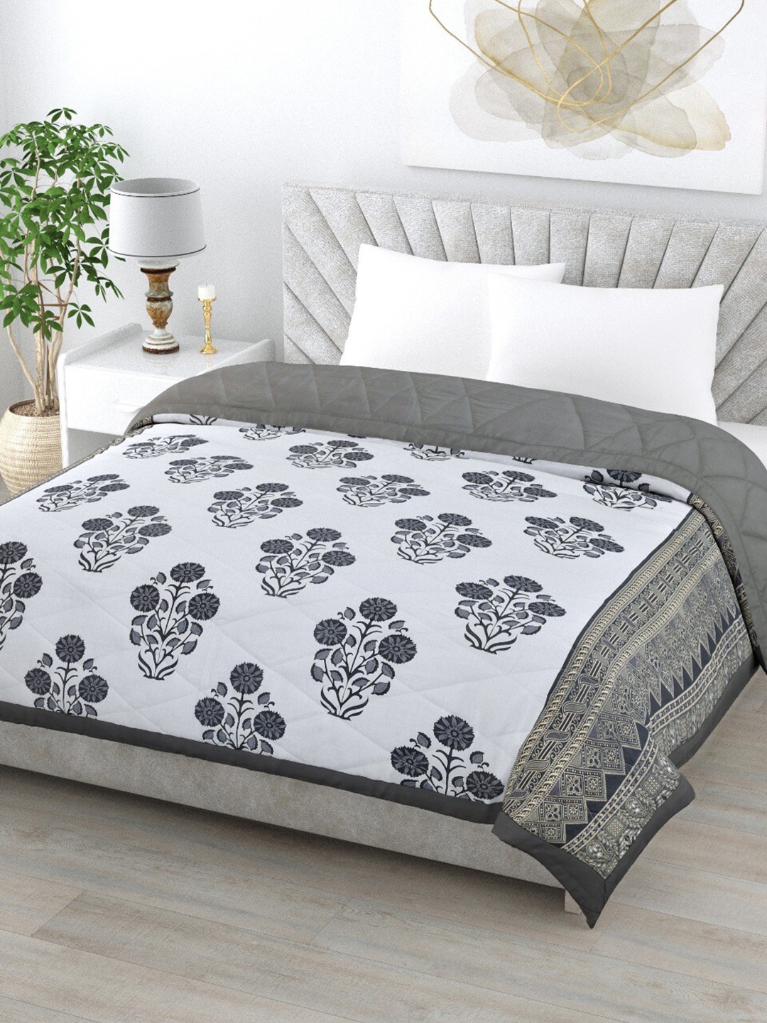 

Gulaab Jaipur White & Grey Printed 350 GSM Cotton Reversible Double Bed Comforter