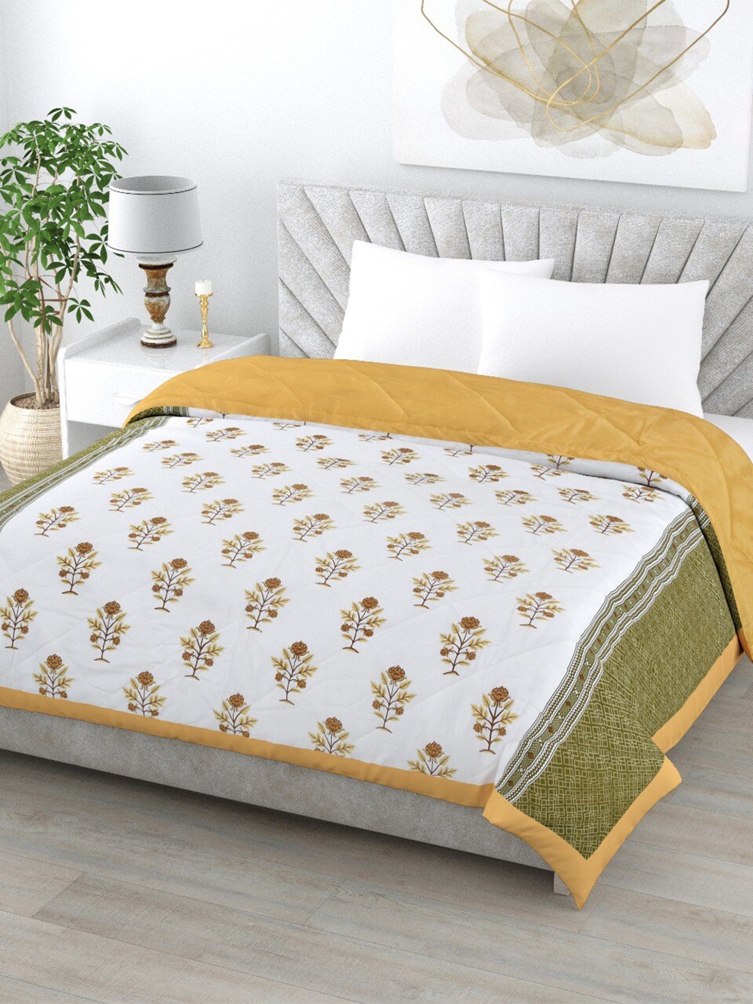 

Gulaab Jaipur White & Yellow Printed 350 GSM Cotton Reversible Double Bed Comforter